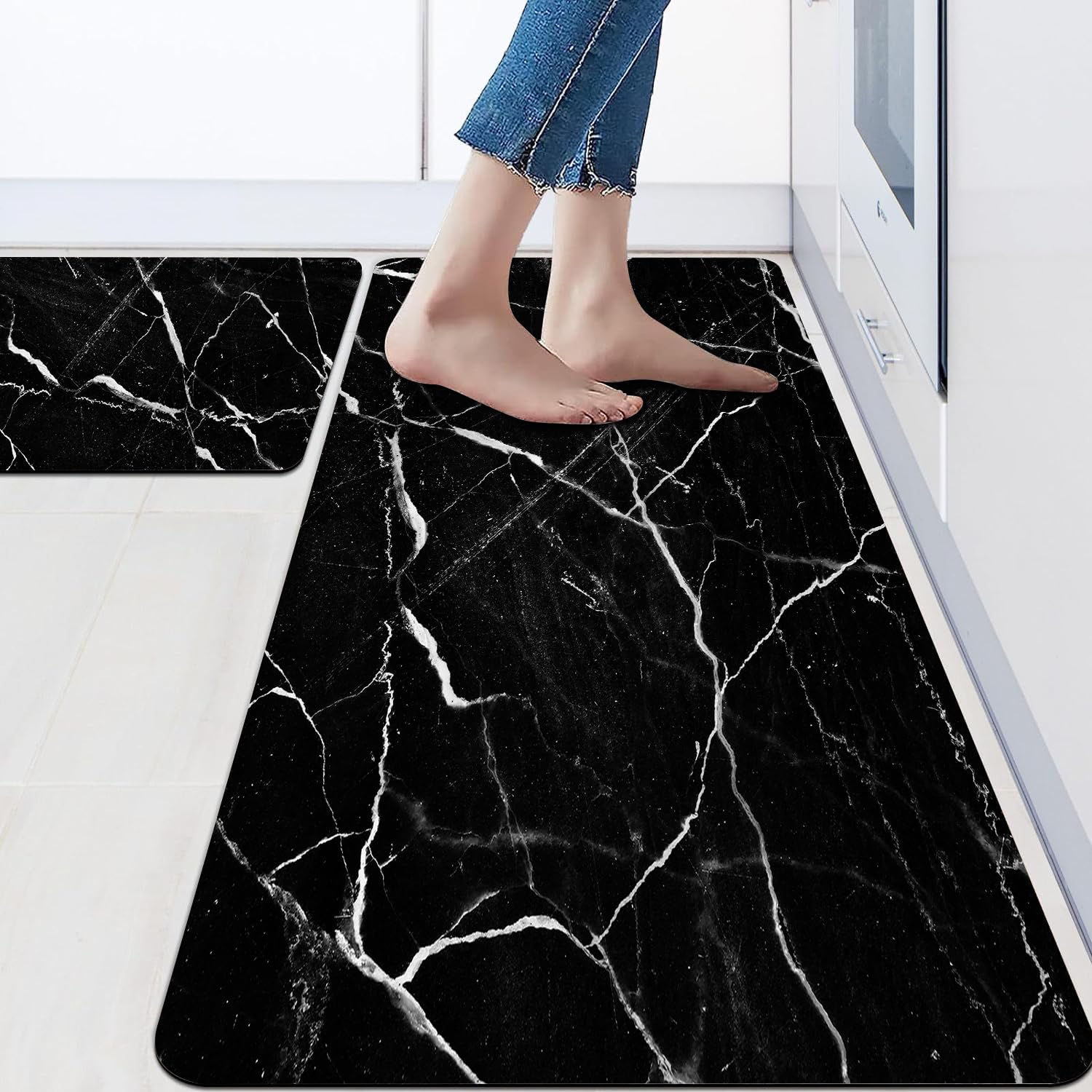 Mrcrypos Black Marble Kitchen Mat for Floor Anti Fatigue Kitchen Mat Set Non-Skid Waterproof PVC Leather (2 Pcs) for House Sink Office Kitchen Runner