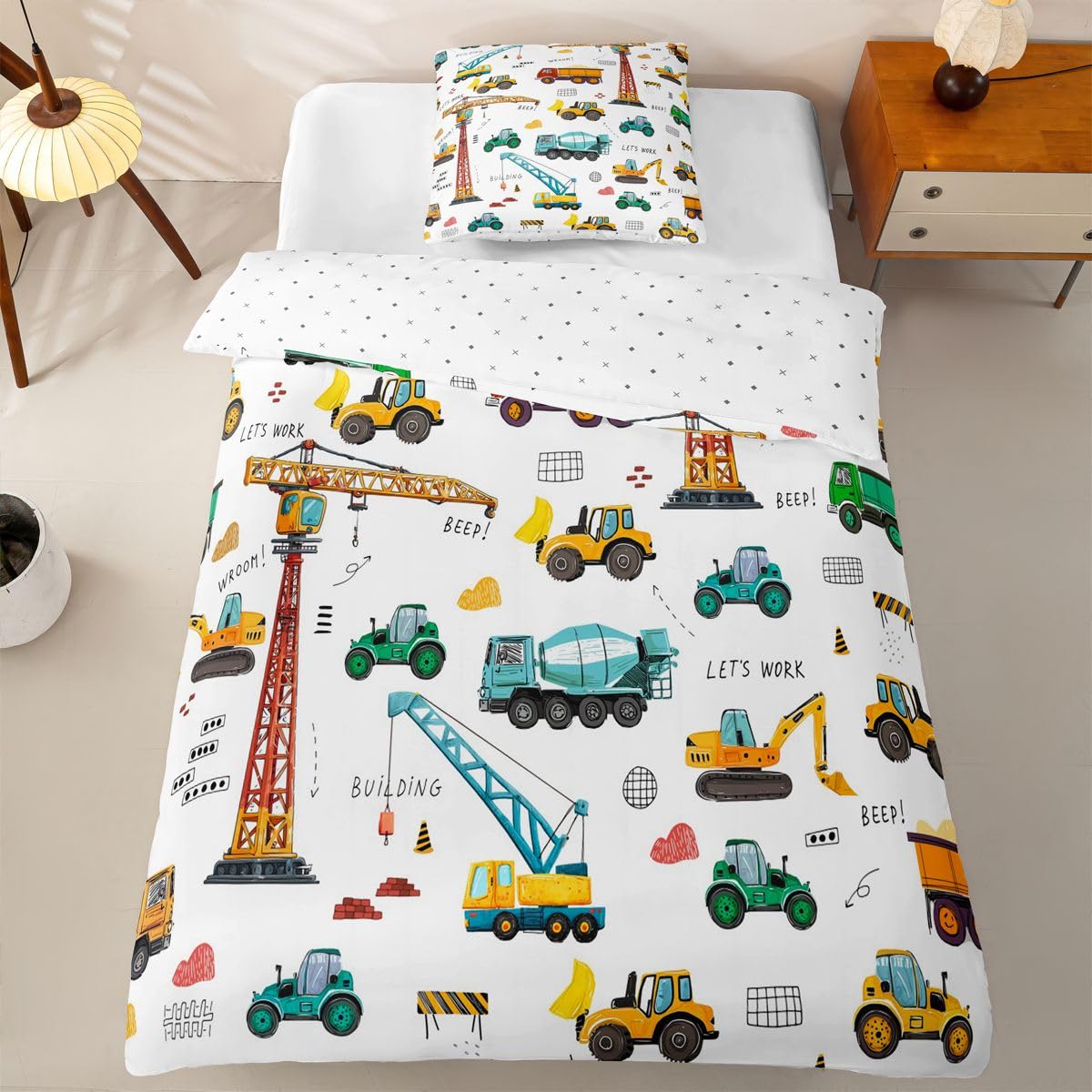 Homewish Cartoon Bagger Jungen Bettwäsche 135x200 4teilig Mikrofaser | Traktoren Maschinen LKWs 2 Kissenbezüge Baumaschinen Kinder 2 Bettbezüge Gelb Grün Baustellen Fahrzeugen Bedding Weich