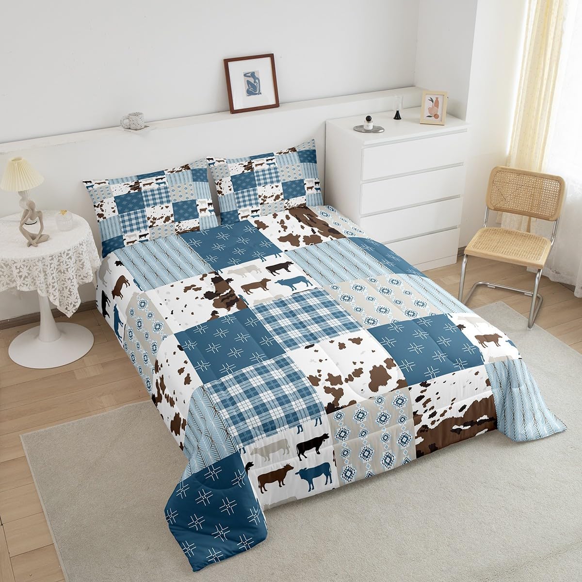 Feelyou Cow Print Comforter Set for Kids Boys Girls Cartoon Milk Cow Comforter King Size Farmhouse Cowhide Bedding Set Bedroom Decor Blue White Duvet Set Animal Quilt Set 3Pcs