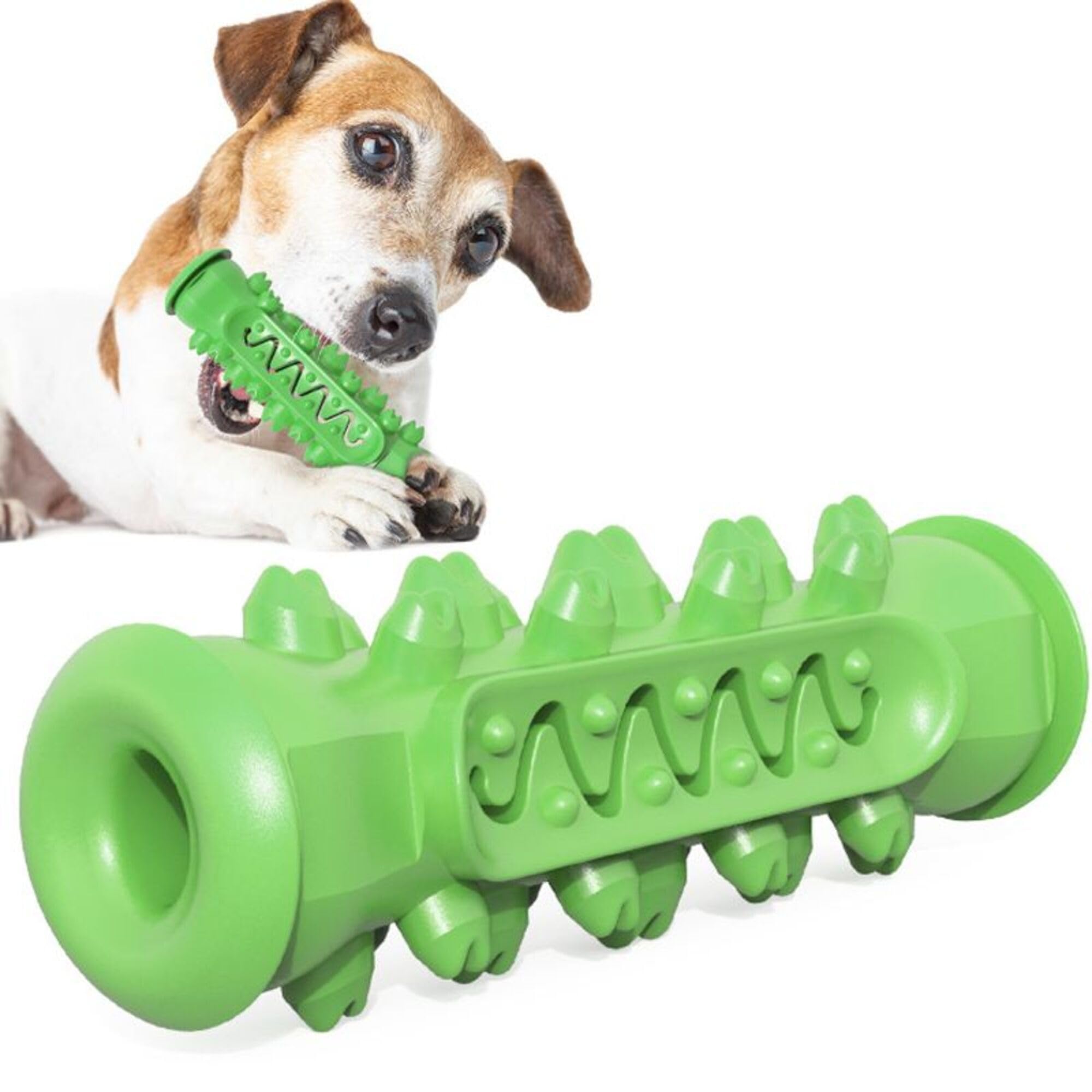 Falnatco Dog Chew Toy Toothbrush Stick Bone Bite Tooth Brush Toy Stick for Teeth Cleaning Interactive Toys Silicone Hard Squeaky Dog Toothbrush for Training Dental Care - Green