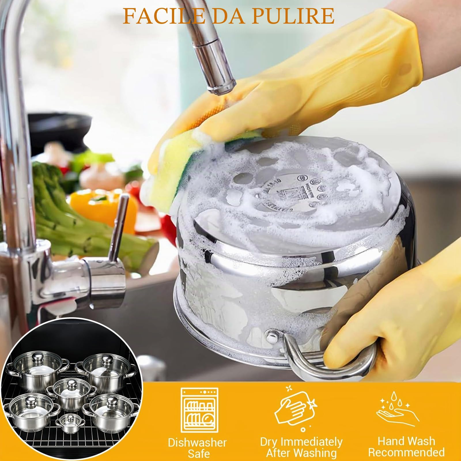 Set 5 Pentole Induzione Acciaio Inox Coperchi Vetro Forno Lavastov | Compatibile Tutti Piani Cottura, Coperchi Vetro Trasparenti, Manici Ergonomici Antiscottatura, Distribuzione Calore Uniforme