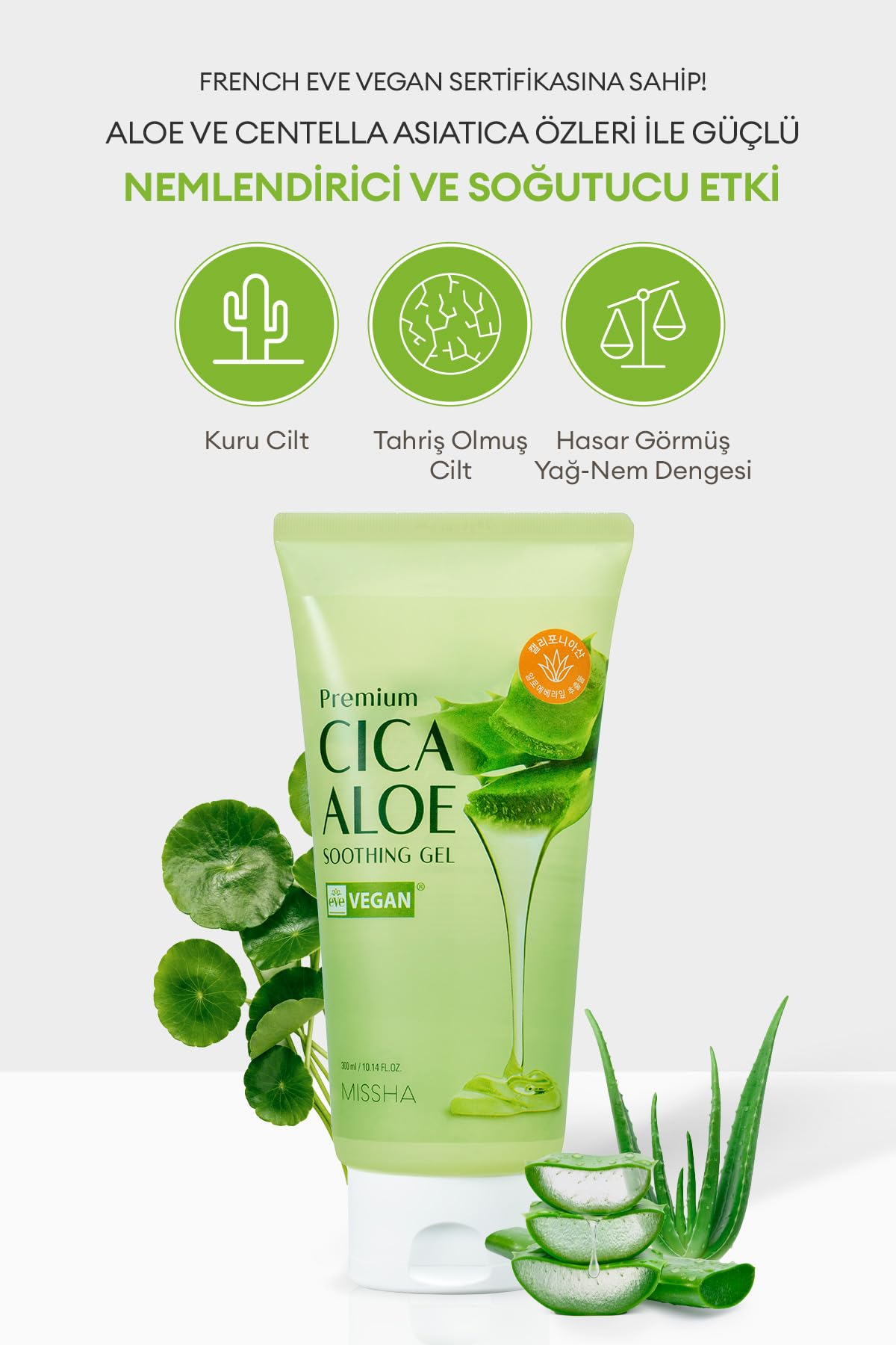 MISSHA%95 Cica Aloe Kompleksi İçeren Nemlendirici Jel 300ml Premium Cica Aloe Soothing Gel