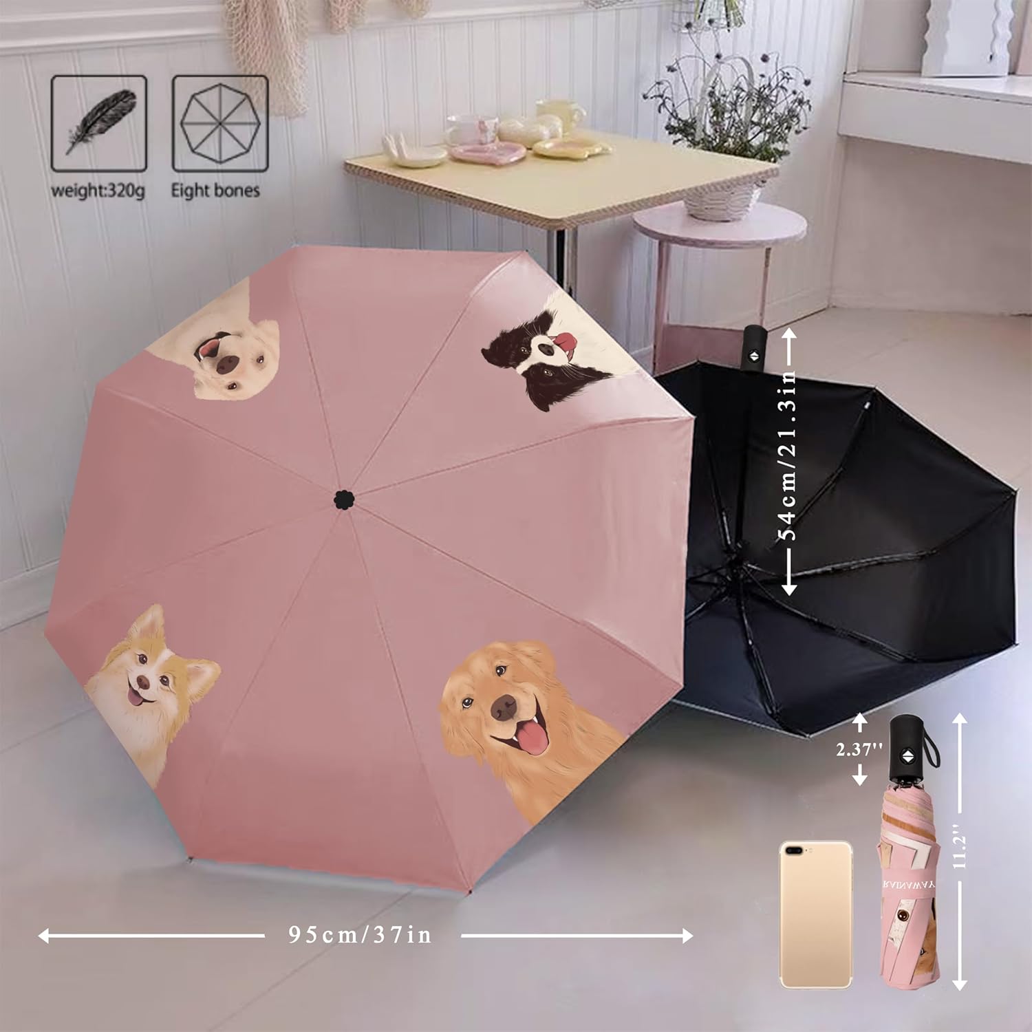 RainAway Compact Umbrella | Dog Pattern & Cat Pattern umbrella| Easy to Collapse | UPF50+ uv Sun Protection | 12.4oz Portable Daily and Folding Umbrella for Adult Kids