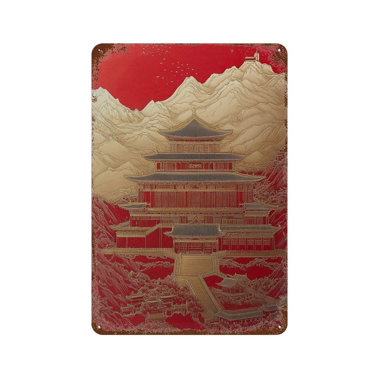 xiaoxiaoshen Red Gold Palace Asian Temple Mountain Japanese Ink Style Landscape Wall Decor Art Metal Tin Poster Modern Home Decor Art Home Bar Shop Decorations Vintage Sign 30x20cm