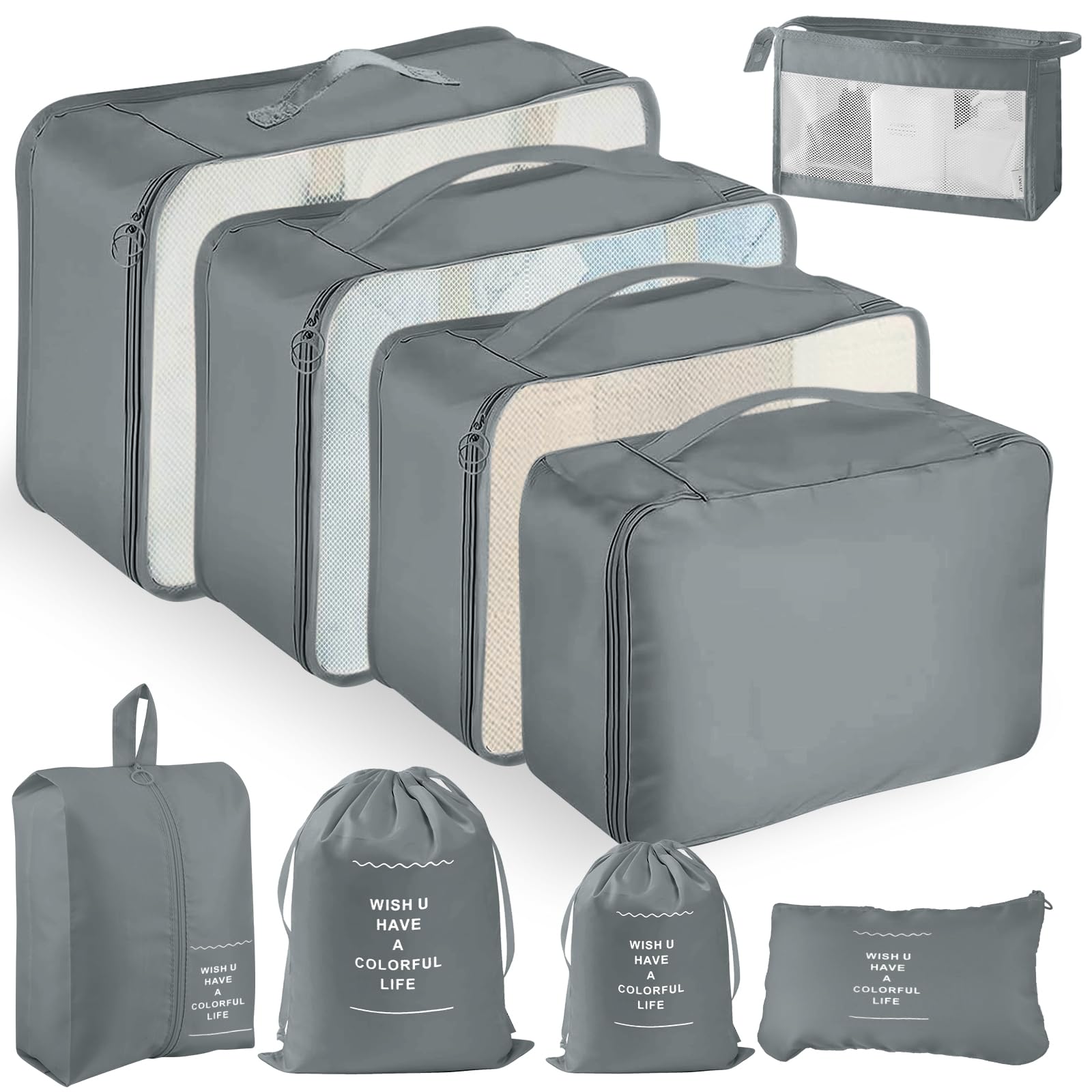 Organizer Valigia, 9 Pezzi Packing Cubes, Organizer Viaggio Salvaspazio, Travel Kit per Vacanze e Viaggi, Viaggio Accessori Utili per Cosmetici Abbigliamento Intimo Vestiti Borse, Grigio