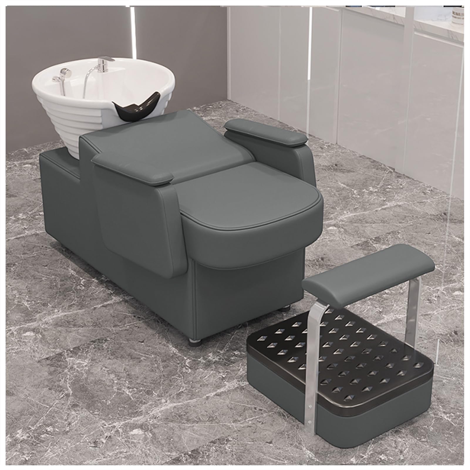 Umywalka do mycia włosów w salonie fryzjerskim, fotel do mycia włosów z porcelanową misą, stanowisko do mycia włosów, wyposażenie salonu kosmetycznego i fryzjerskiego,D