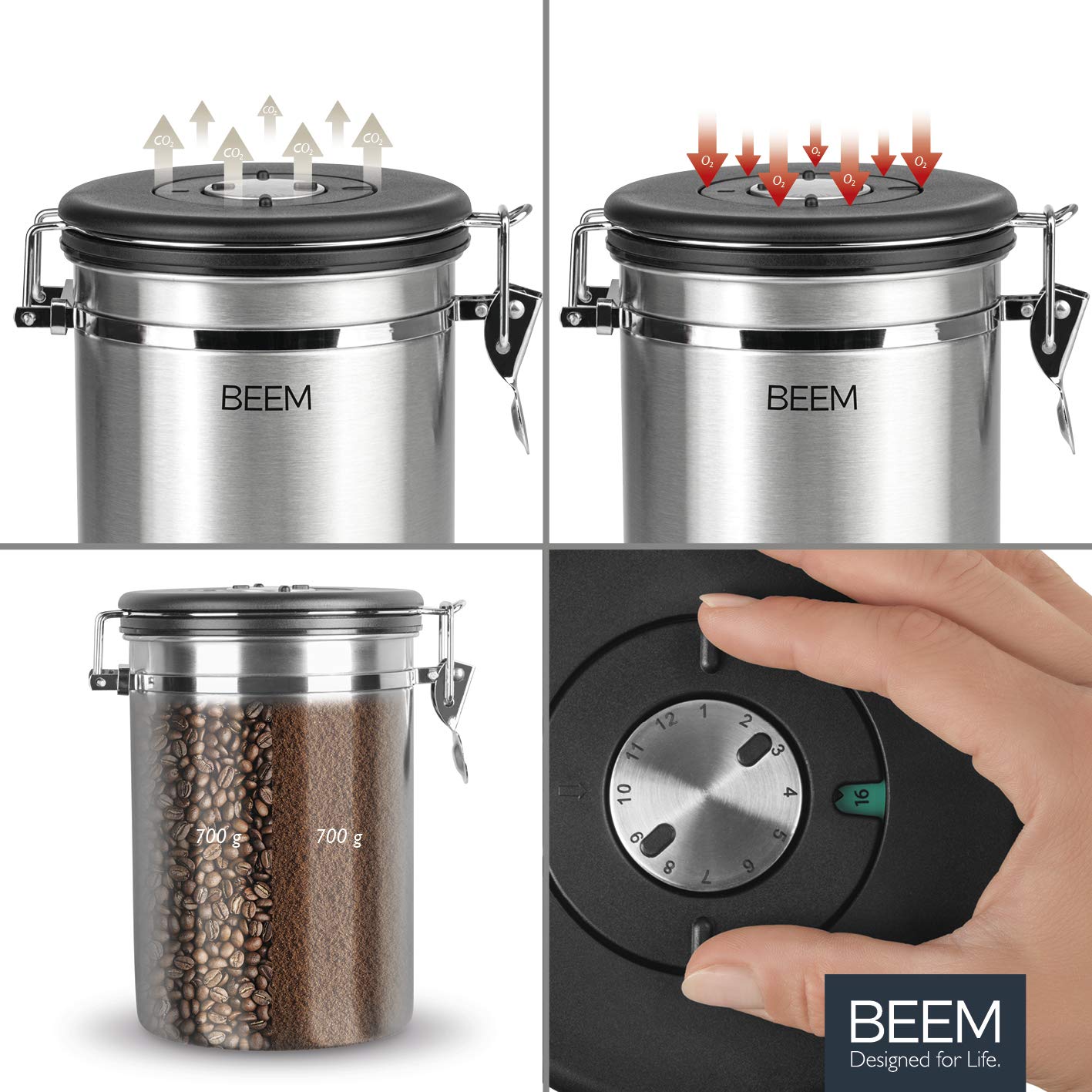 BEEM KAFFEEDOSE puszka na zapasy z łyżeczką dozującą - 1,9 l | hermetyczna ze stali nierdzewnej | wskaźnik daty | 700 g kawy | puszka aromatu | zawór odpowietrzający CO2