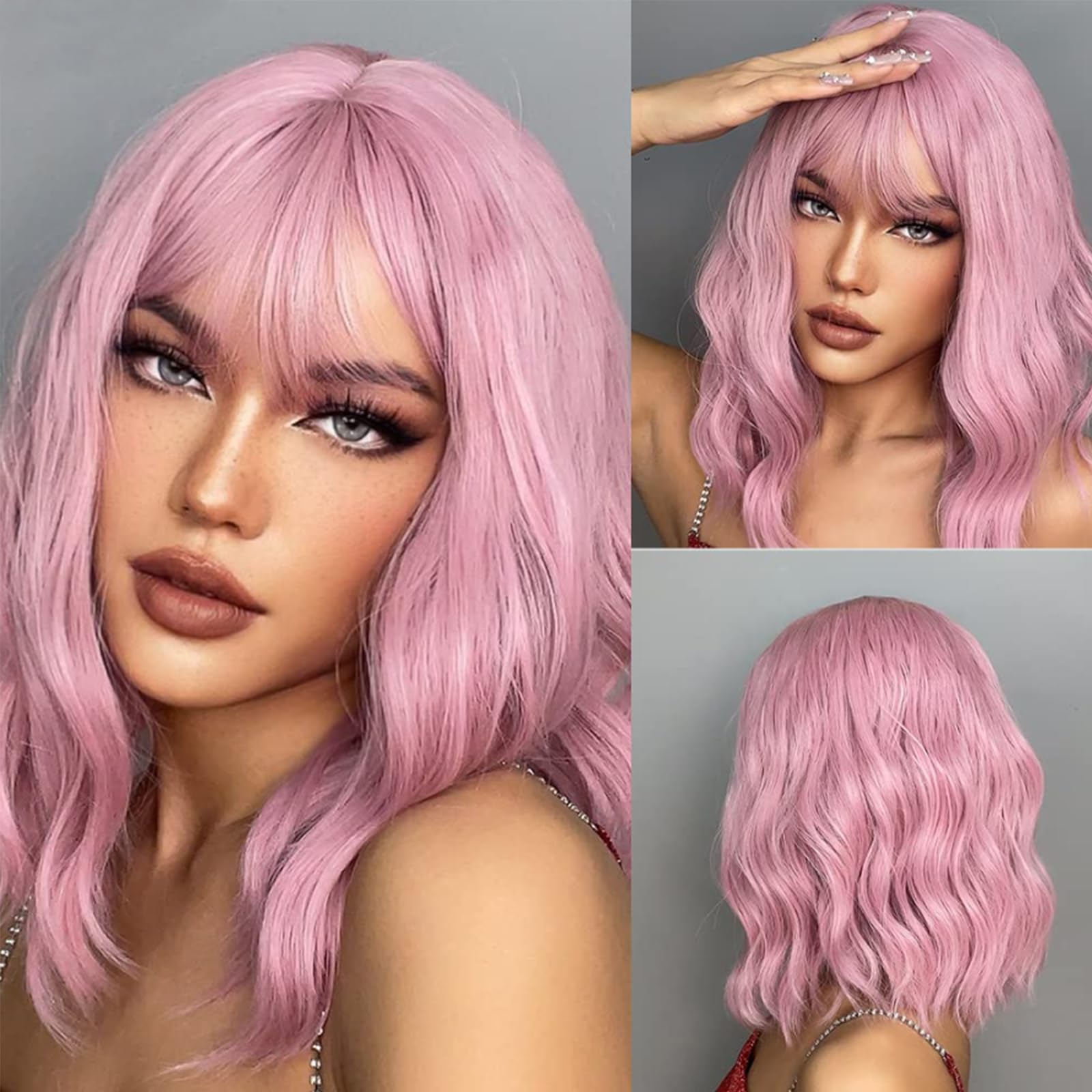 HAIRCUBE Pink Bob Wig for Women, 12" Short Wave Synthetic Wig with Bangs