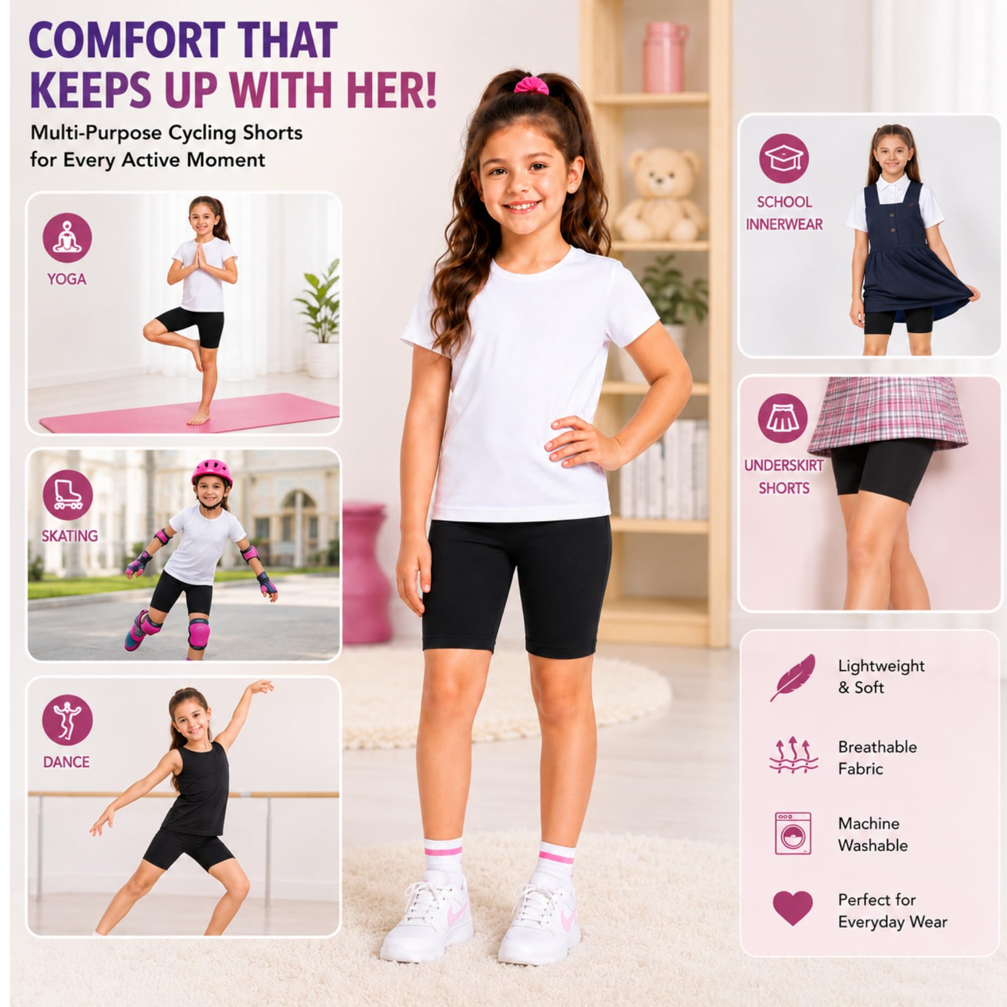 Joe & Joe Kids Premium Cycling Shorts for Girls | Soft Cotton Lycra | Pack of 2 Kids Inner, Yoga & Sports, Girls Inner Tights for School Uniform.(2-3 Years) Black 1