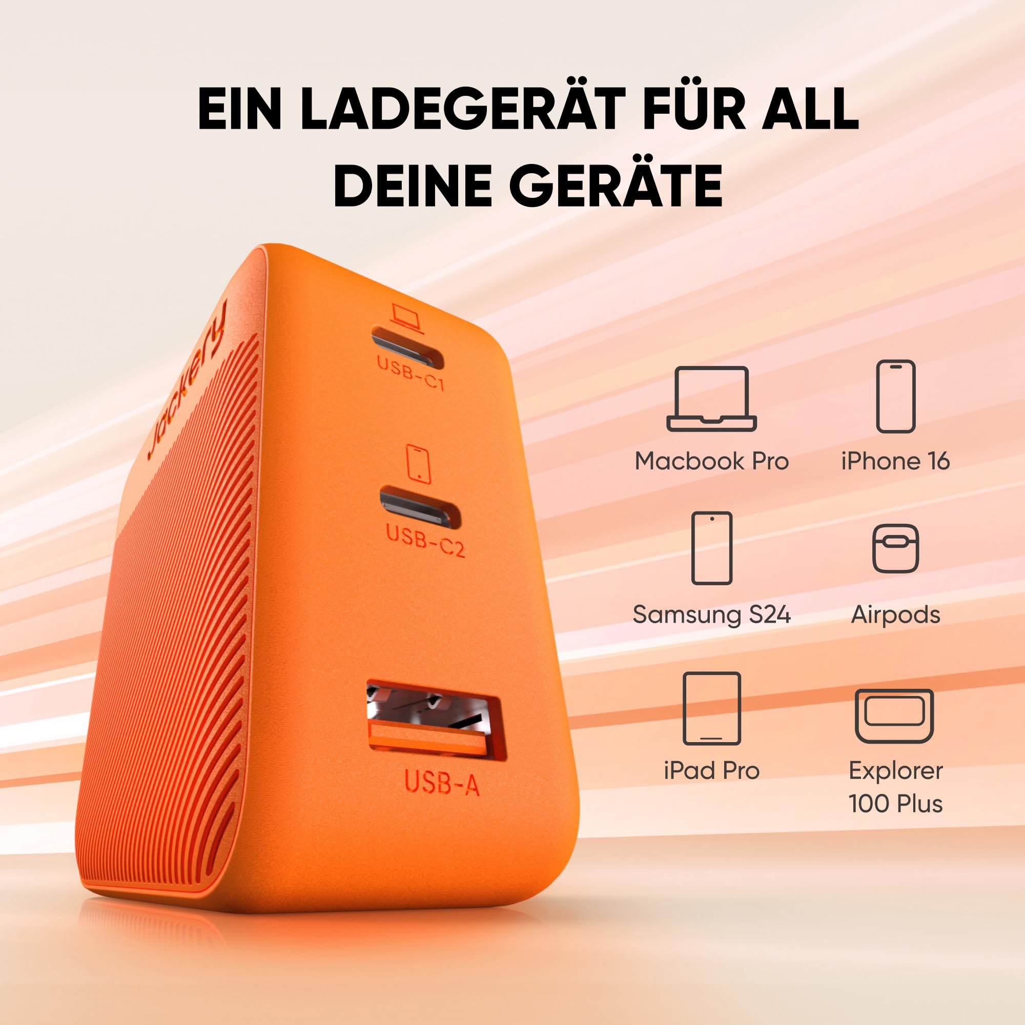 Jackery 102W GaN Schnellladegerät mit 3 Anschlüssen – 2×100W USB-C & 18W USB-A, PD3.0/PPS/QC4.0, kompatibel mit Explorer 100 Plus/240 v2/300 Plus | Zwei USB-C-Anschlüsse, 100W Blind-Steckladen, perfekt für Heim-Setups, Ein Ladegerät für meisten Geräte