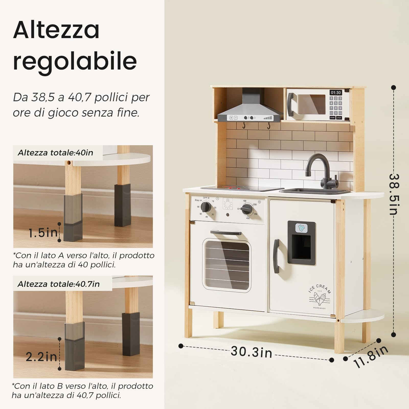 Tiny Land Cucina Giocattolo Per Bambini con 18 accessori per cibo e pentole giocattolo Set da gioco Set da gioco per chef in legno per bambini con luci e suoni reali