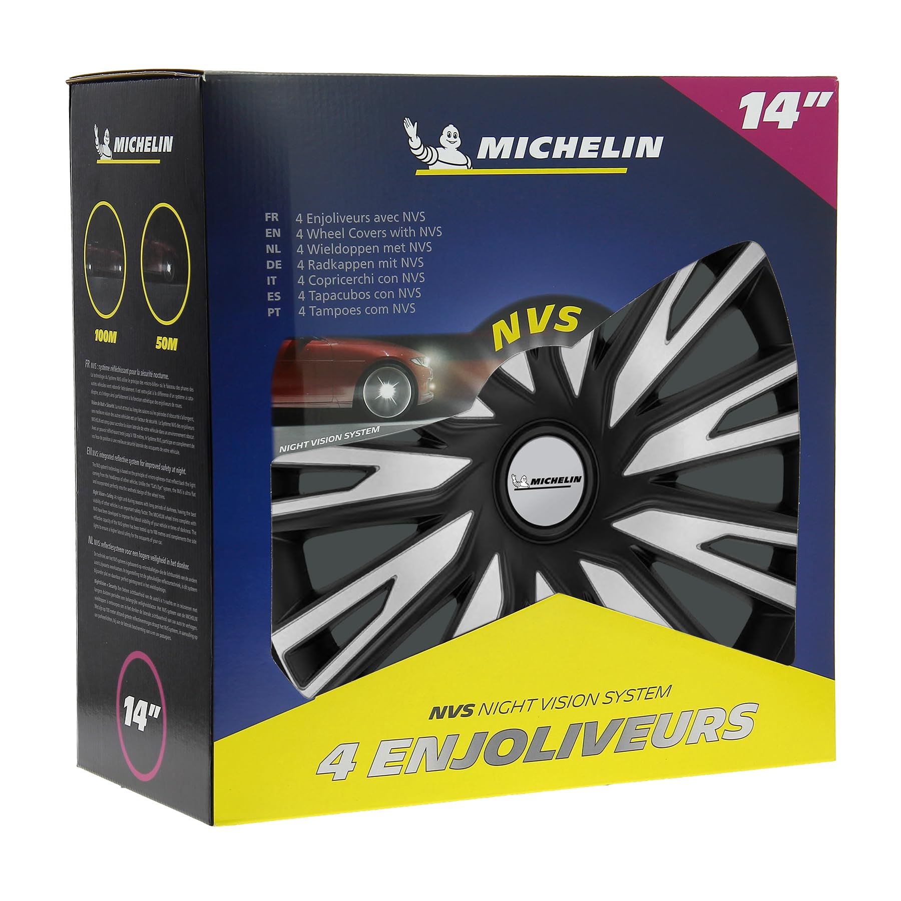 Michelin 4 Copricerchi Auto Argento & Nero 14 pollici - Sistema NVS Night Vision Security - Universali Fissaggio Facile