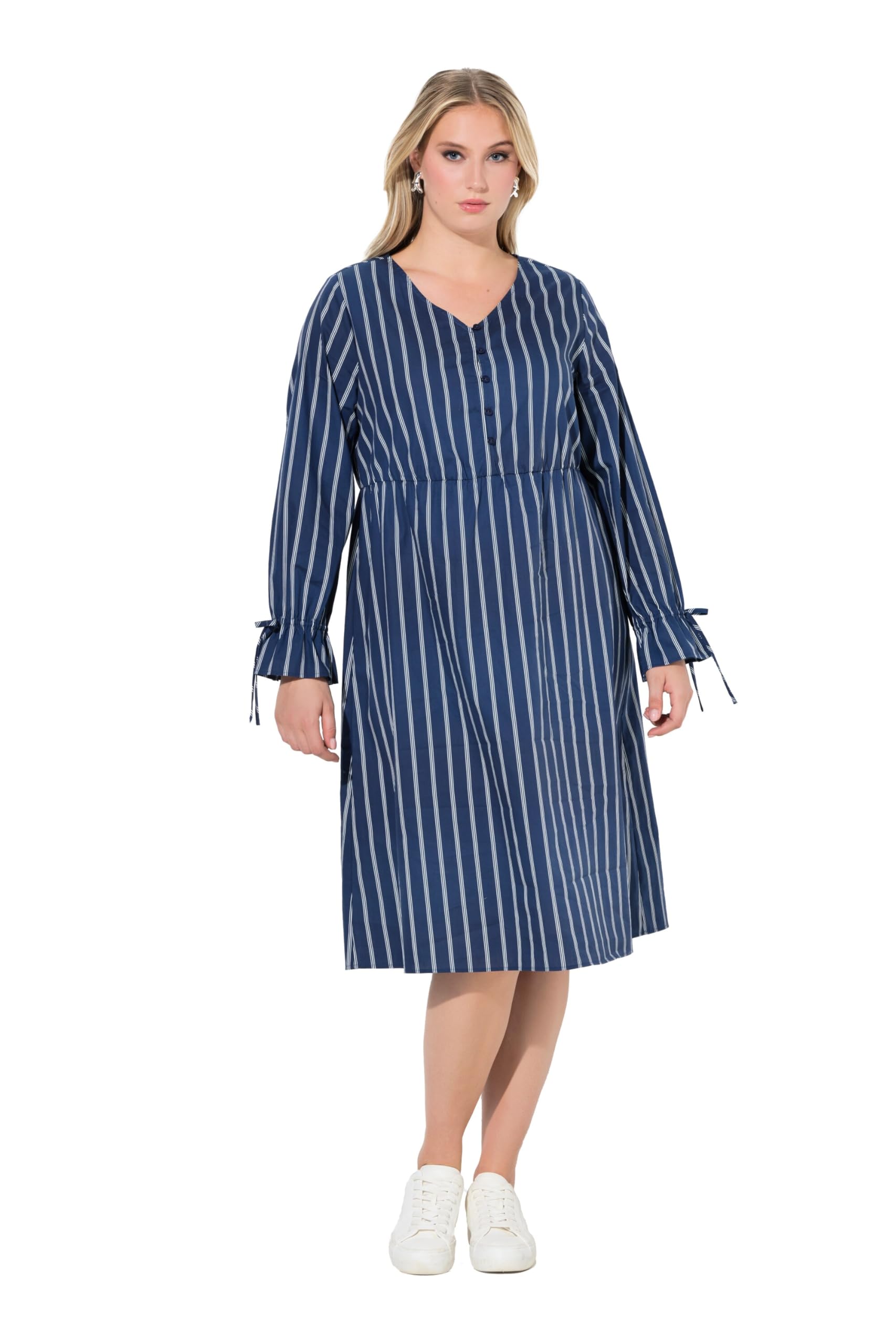 Ulla Popken Damen große Größen Übergrößen Plus Size Kleid, Streifen, A-Linie, V-Ausschnitt, Langarm 845863