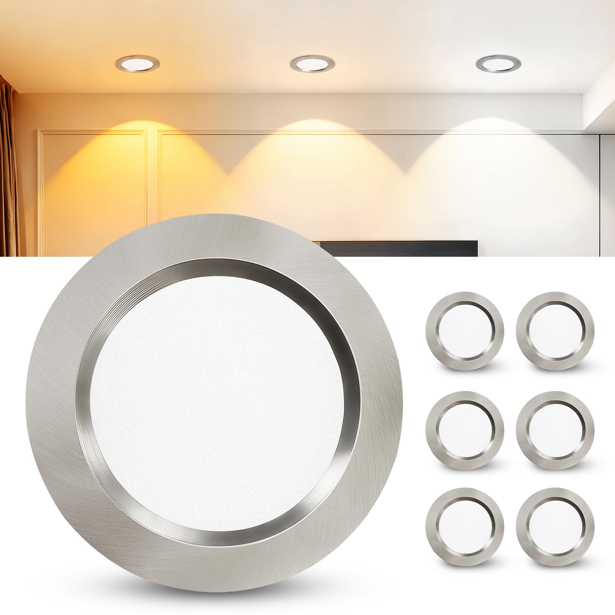 Laiebri 6er Set LED Einbaustrahler 230V, 3.5W Alu LED Spot 3000K Warmweiß 4000K Neutralweiß 6000K Kaltweiß, 300LM Möbeleinbauleuchte Lochmaß 55-58mm und 12mm Flach, IP44 Badezimmer Einbauspots Nickel