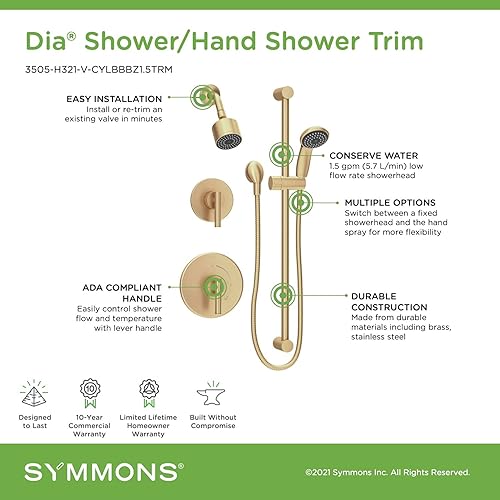 Miniatura 3 de Symmons 3505-H321-V-CYLBBBZ1.5TRM - Moldura de ducha de 2 manijas con 1 rociador de ducha de mano en bronce cepillado (válvulas no incluidas)