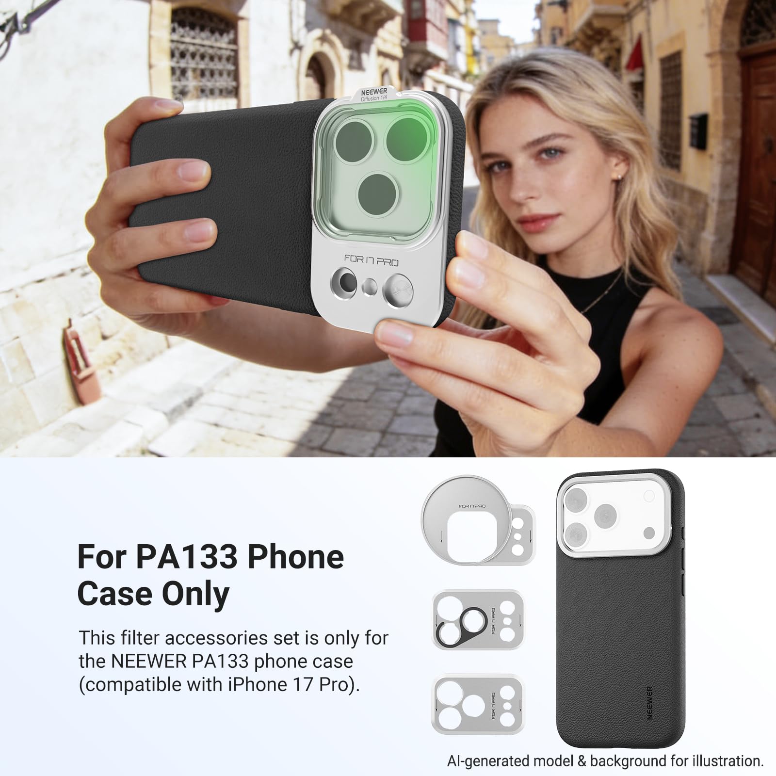 NEEWER Zestaw filtrów ND tylko do PA133 etui na telefon komórkowy kompatybilne z iPhone 17 Pro, szary filtr ND8/16/32/64 + czarna dyfuzja 1/4 + magnetyczna płyta tylna, zestaw akcesoriów, srebrny