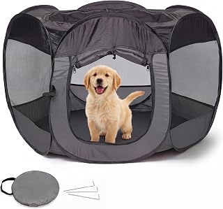 FurHaven Soft-Sided Dog & Cat Playpen, Portable Foldable Indoor & Outdoor Pet Playpen with Mesh Windows & Zippered Door, Gray, Small