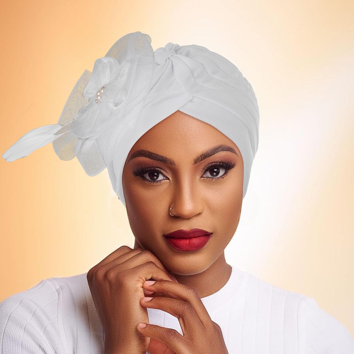 Bohend Flower Rhinestone Turbans Cap Pearl Knot Headwarp Beanie Pre Tied Head Cover Bonnet Pleated Headscarf Hat for Women - Image 5