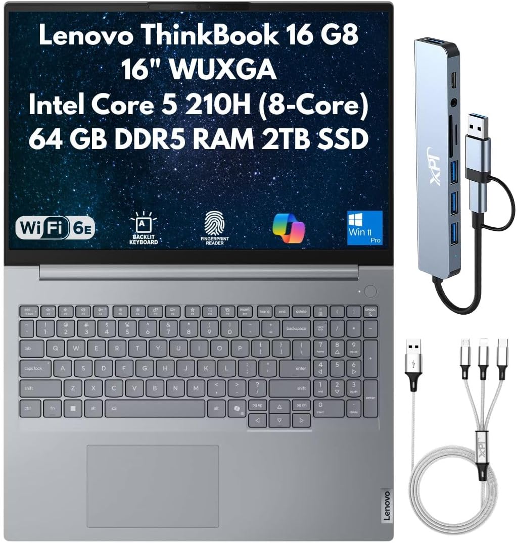Lenovo ThinkBook 16 Gen 8 Business Laptop 2026, 16" WUXGA, Intel Core 5 210H 8-Core (Beats i5-13420H), 16GB DDR5 RAM, 512GB PCIe Gen4 SSD, FPReader, Cam, RJ45, Wi-Fi 6E, Backlit Keyboard, Win 11 Pro