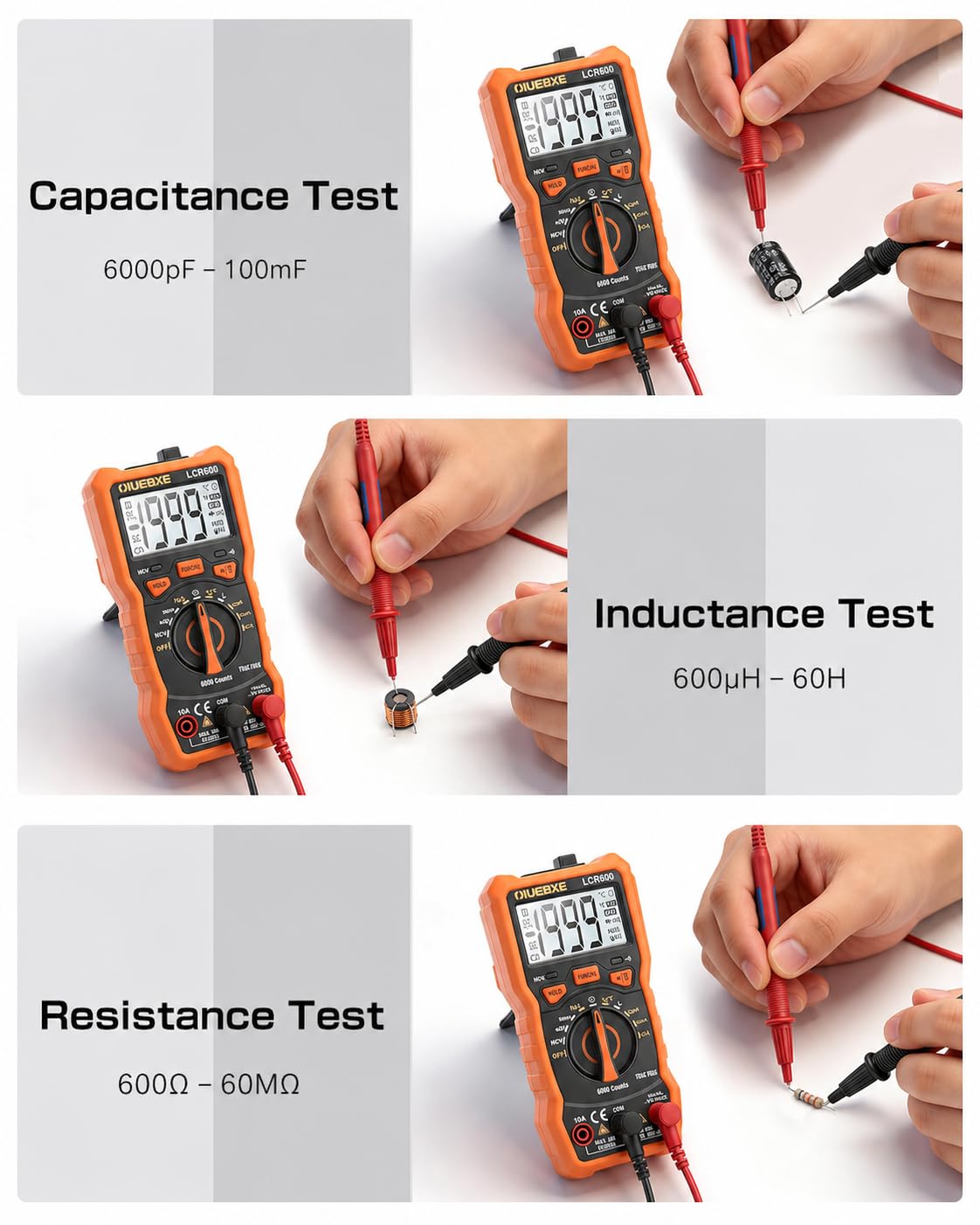 LCR600 Fast Testing Digital Multimeter with Inductance Meter, Auto-Ranging LCR Tester for DIY Electronics, AC/DC Voltage Current, Resistance, Capacitance, Frequency,Temperature