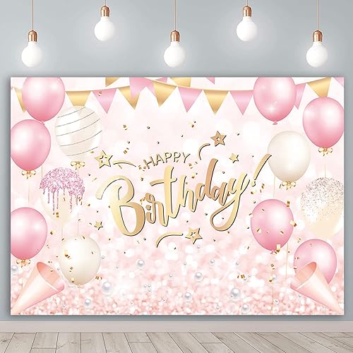 Miniatura 3 de Pancarta de fondo de feliz cumpleaños rosa y oro rosa para mujeres y niñas, decoraciones de fiesta, fondo con purpurina, reunión familiar,