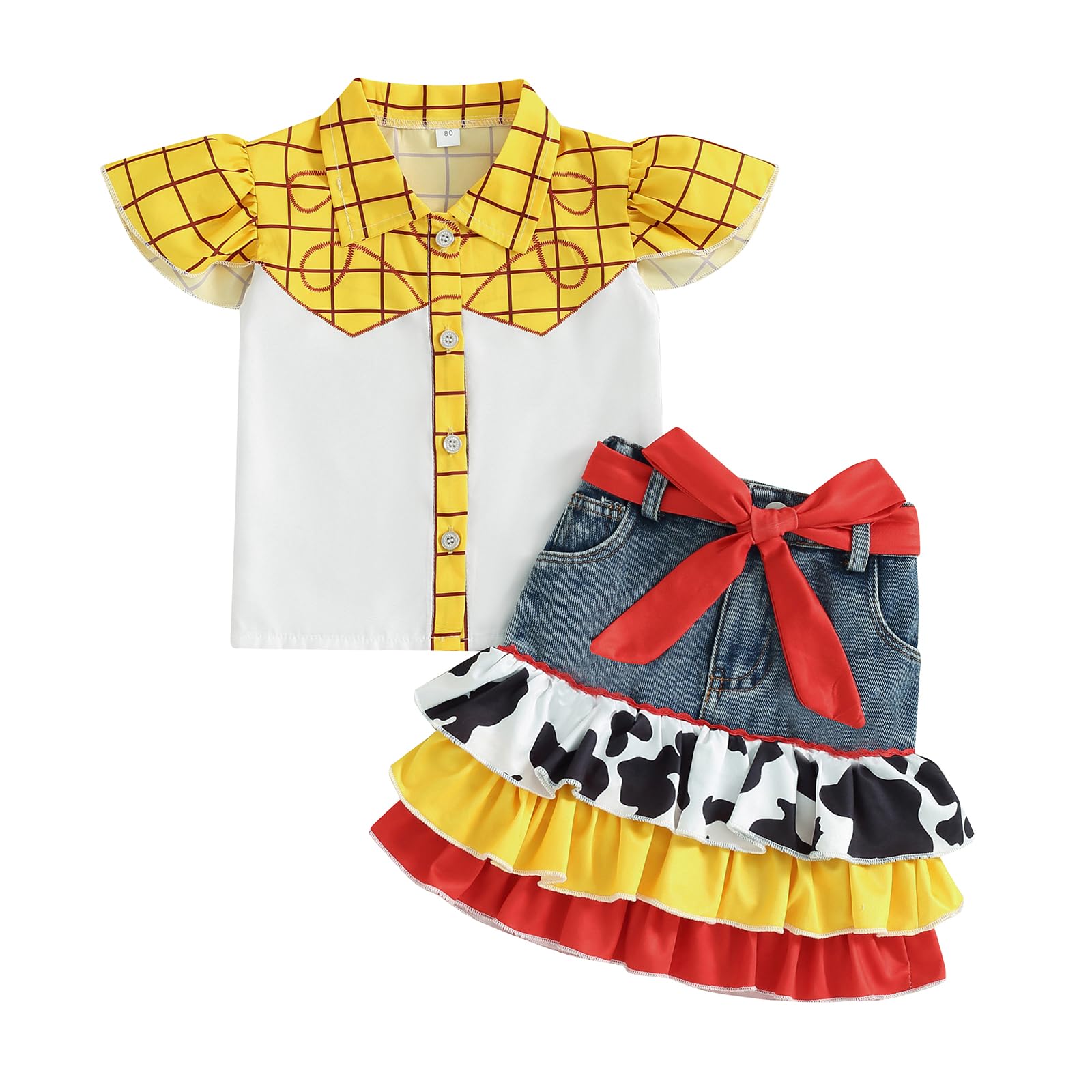 MoKid Ssdwer Girls Jessie Toy Story Cowgirl Costume Tiered Cow Print Skirt Outfit (Yellow, 4-5T)