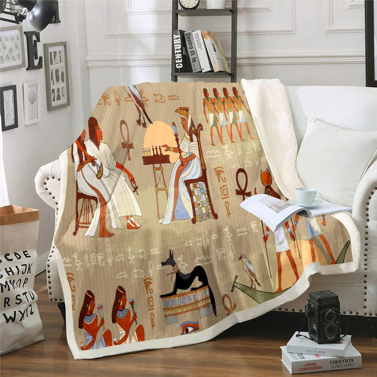 Loussiesd Colour 4 Ancient Egypt Fleece Throw Blanket With Egyptian Wall Painting Sherpa Design For Sofa Bed Couch - Microfiber Tribal Plush Blanket - Single 50"X60"