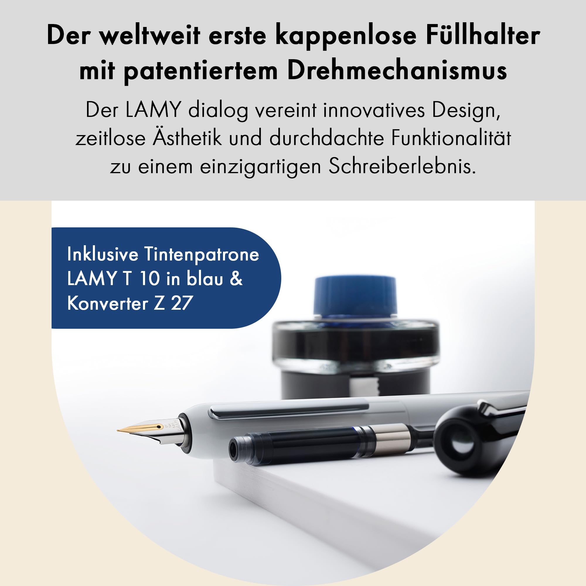 Lamy dialog black Füller - kappenloser Füllhalter mit Drehmechanismus -14 kt. Goldfeder, partiell platiniert & in Strichbreite EF – inkl. Tintenpatrone T 10 blau & Konverter Z 27 – Rechtshänder