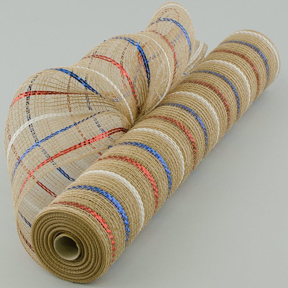 VICTONER 21" X 10yds. Burlap Mesh w/ RED, White & Blue Metallic Stripes