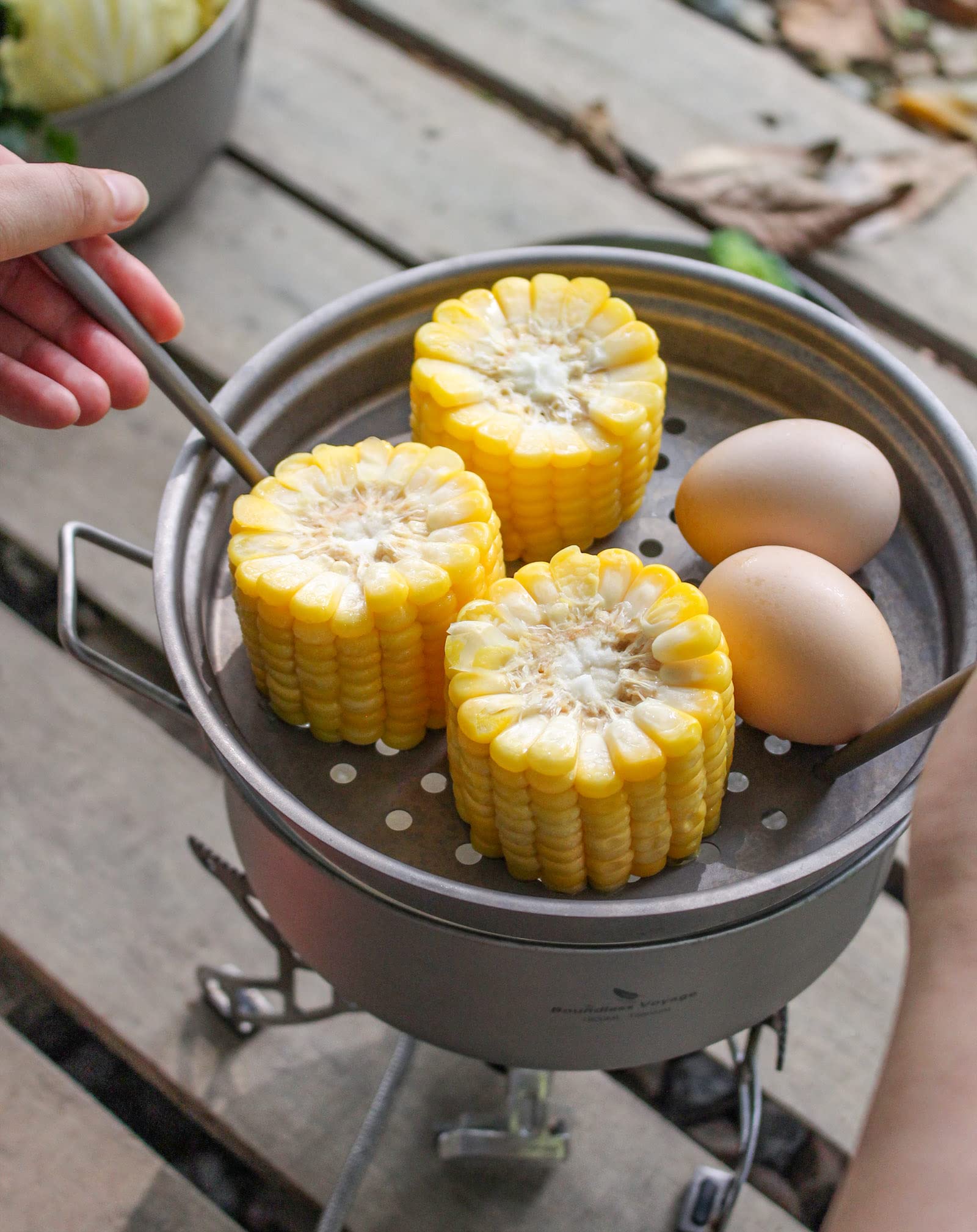 iBasingo Camping Kochen Dampfgartopf Titan Stockpot Bratpfanne Set Outdoor Reise Koch Geschirr Ultraleichte Suppen Topf Pfanne Tragbares Wander Picknick Mess Kit mit Klappgriff
