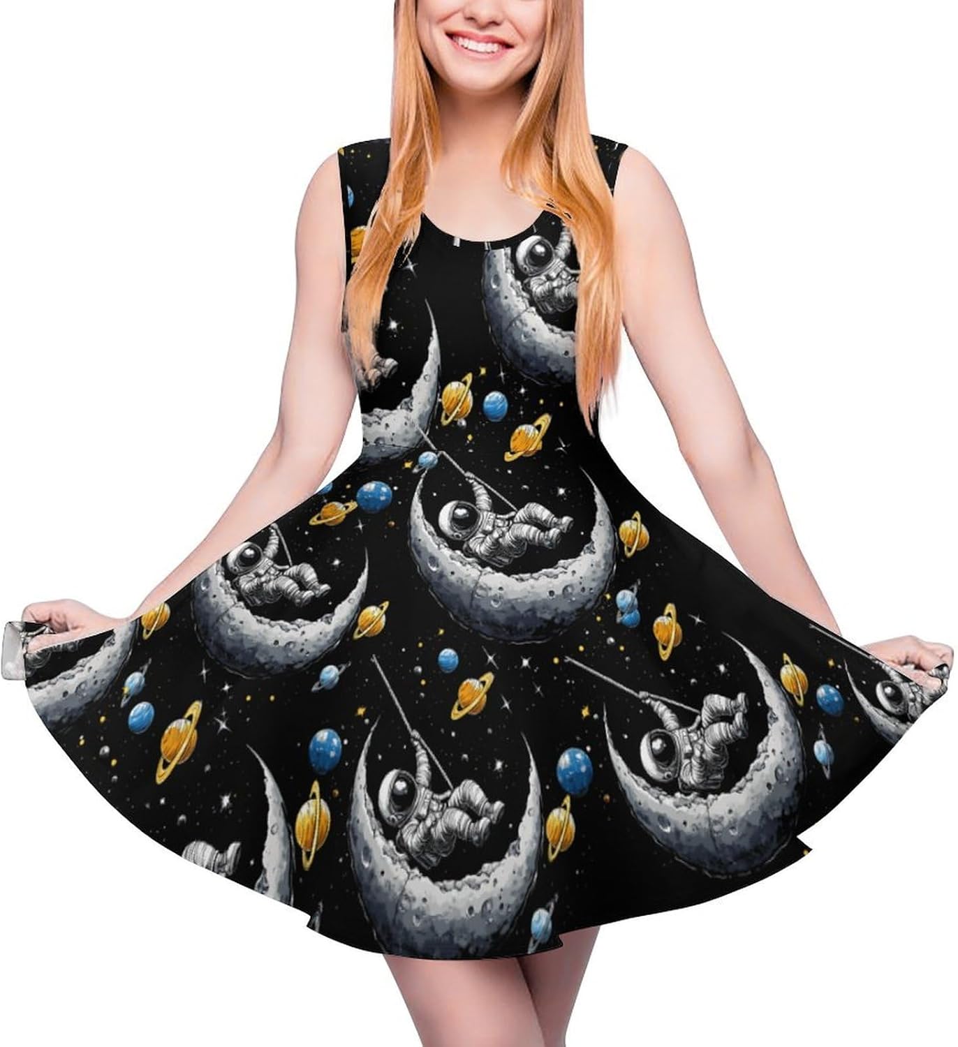 Astronaut Moon Swing Planets Spacees Galaxy Women's Dresses Round Neck Dress Sleeveless Tank Dress Ruffle Hem Sundress