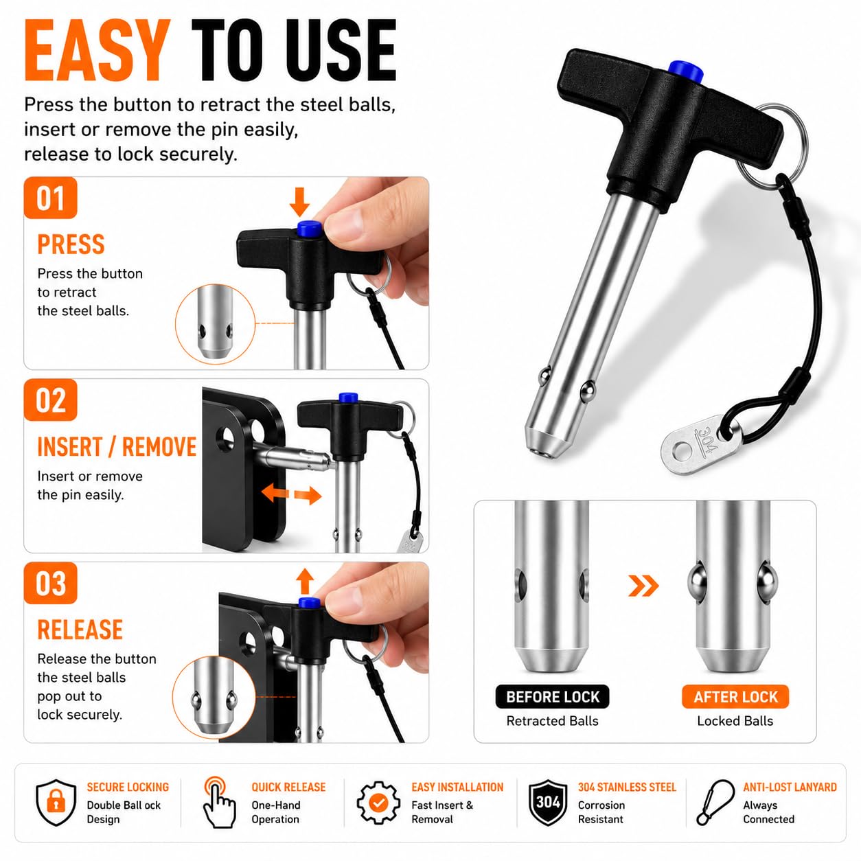 1/2” × 3” DAKONIX True Inch Size T-Handle Quick Release Pin, 304 Stainless Steel, Double Ball Lock with Lanyard,for Heavy Equipment