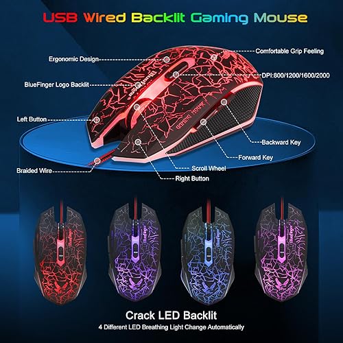 Miniatura 5 de Conjunto de teclado y ratón con retroiluminación para juegos BlueFinger, con cable USB, teclado y ratón con retroiluminación, juego multimedia,