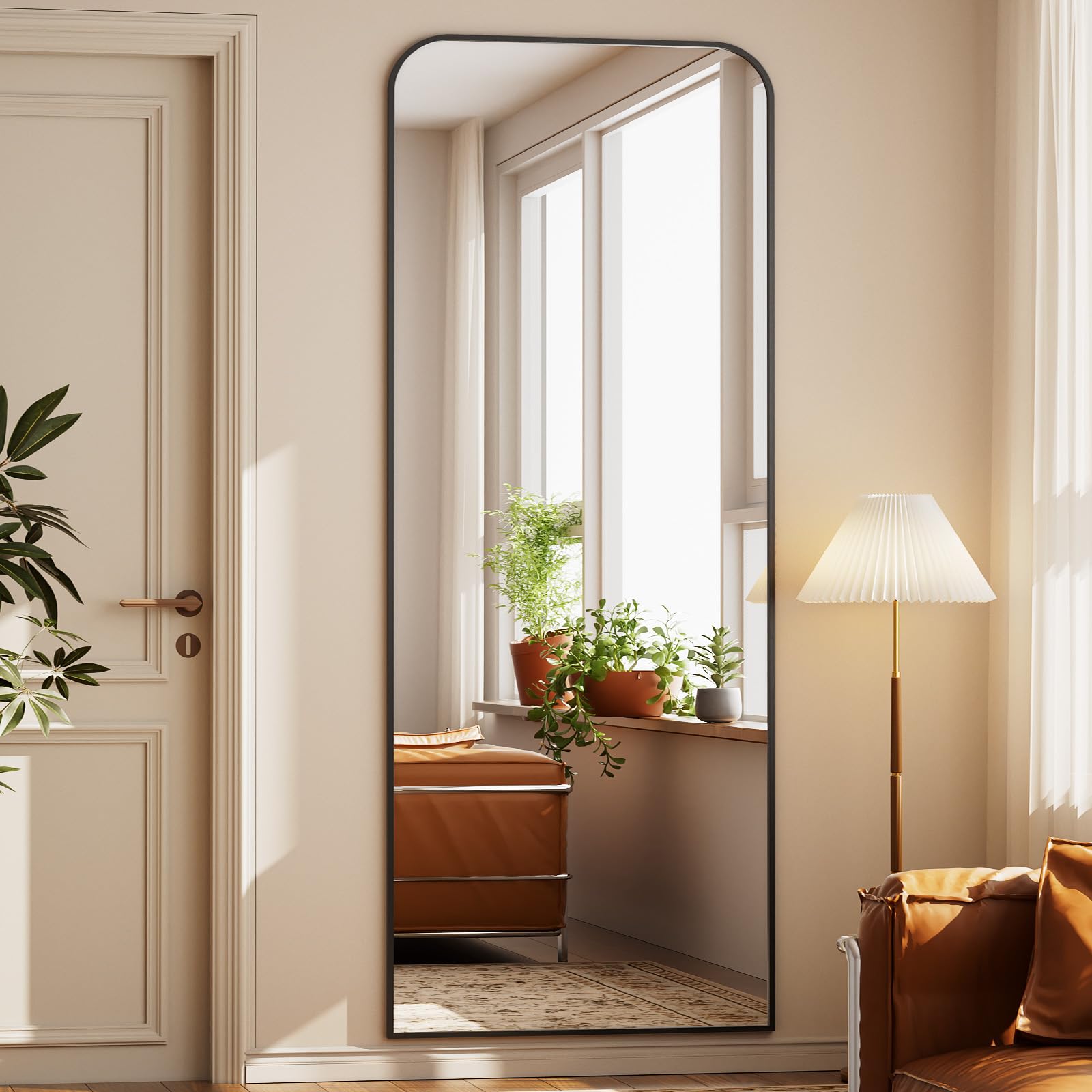 Koonmi Miroir sur pied avec coins incurvés 76 x 171 cm, miroir pleine longueur, incassable, moderne, merveilleux pour salon, chambre, couloir, noir