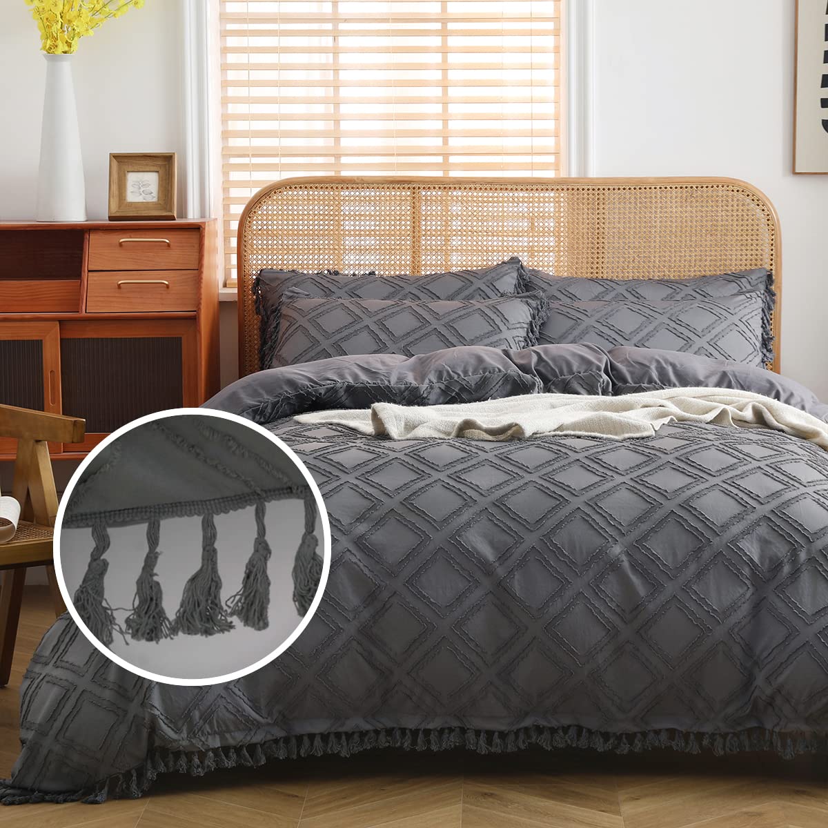 Vaulia Soft Microfiber Textured Duvet Cover Set with Tassels Design, Embroidery Diamond Pattern Grey Color, King - 3 Piece Set (1 Duvet Cover 2 Pillow Shams)
