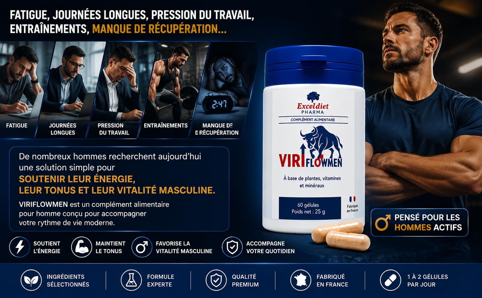 ViriflowMen – Complément Alimentaire Homme | Libido, Énergie Masculine, Vitalité & Endurance | Arginine, Citrulline, Ginseng, Maca, Kola, Gingembre | Vitamine B12 & Minéraux | 60 Gélules