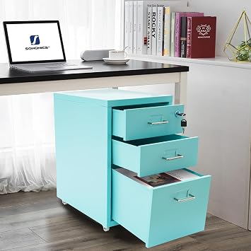 3 Drawer Vertical File Cabinet with Lock Blue Under Desk Metal Mobile Filing Cabinet Steel Rolling File Cabinet with Wheels for Home Office Legal Letter A4 Files
