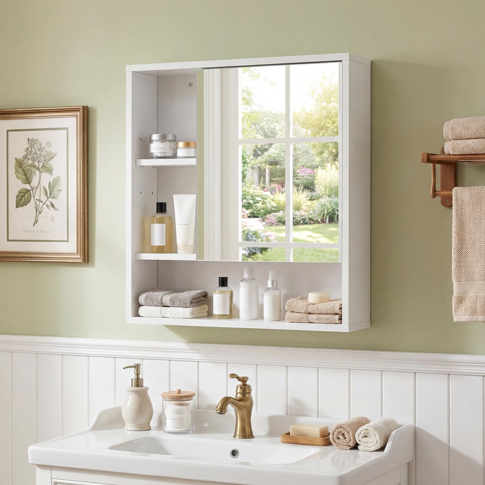 COSTWAY Mobile Bagno con Specchio da Parete in Legno, Bianco