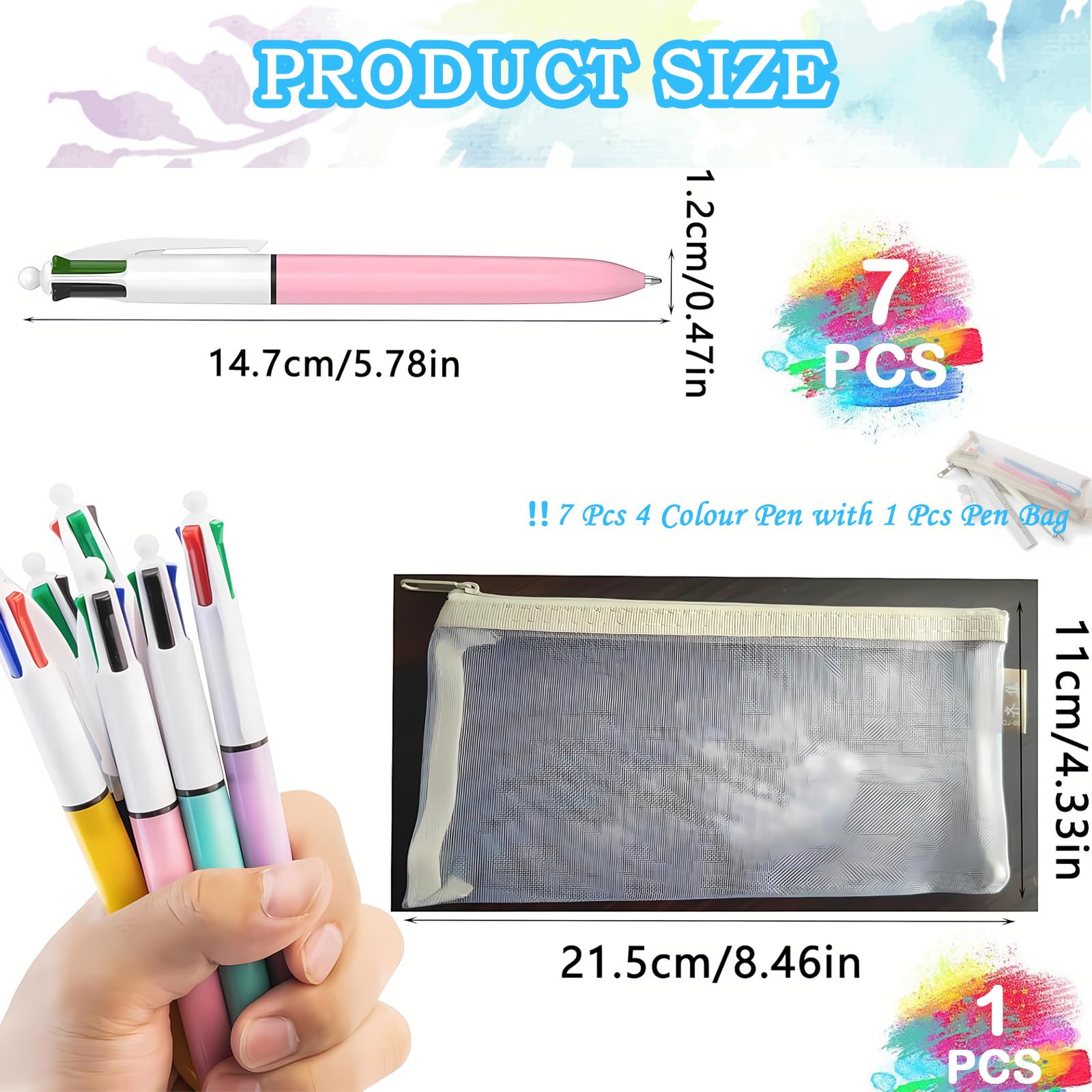 KSVFTB 7 Pcs 4 Colour Pen, Multi Colour Pen with Pencil Case Clear, Retractable Ballpoint Pens with Black, Blue, Red - Image 2