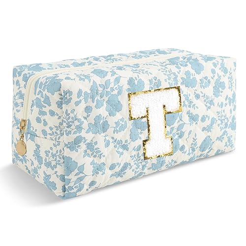 Miniatura 406 de Bolsa de maquillaje personalizada con inicial A-Z Preppy Patch, pequeña bolsa de cosméticos de PU con letra de chenilla y cierre para niñas Negro