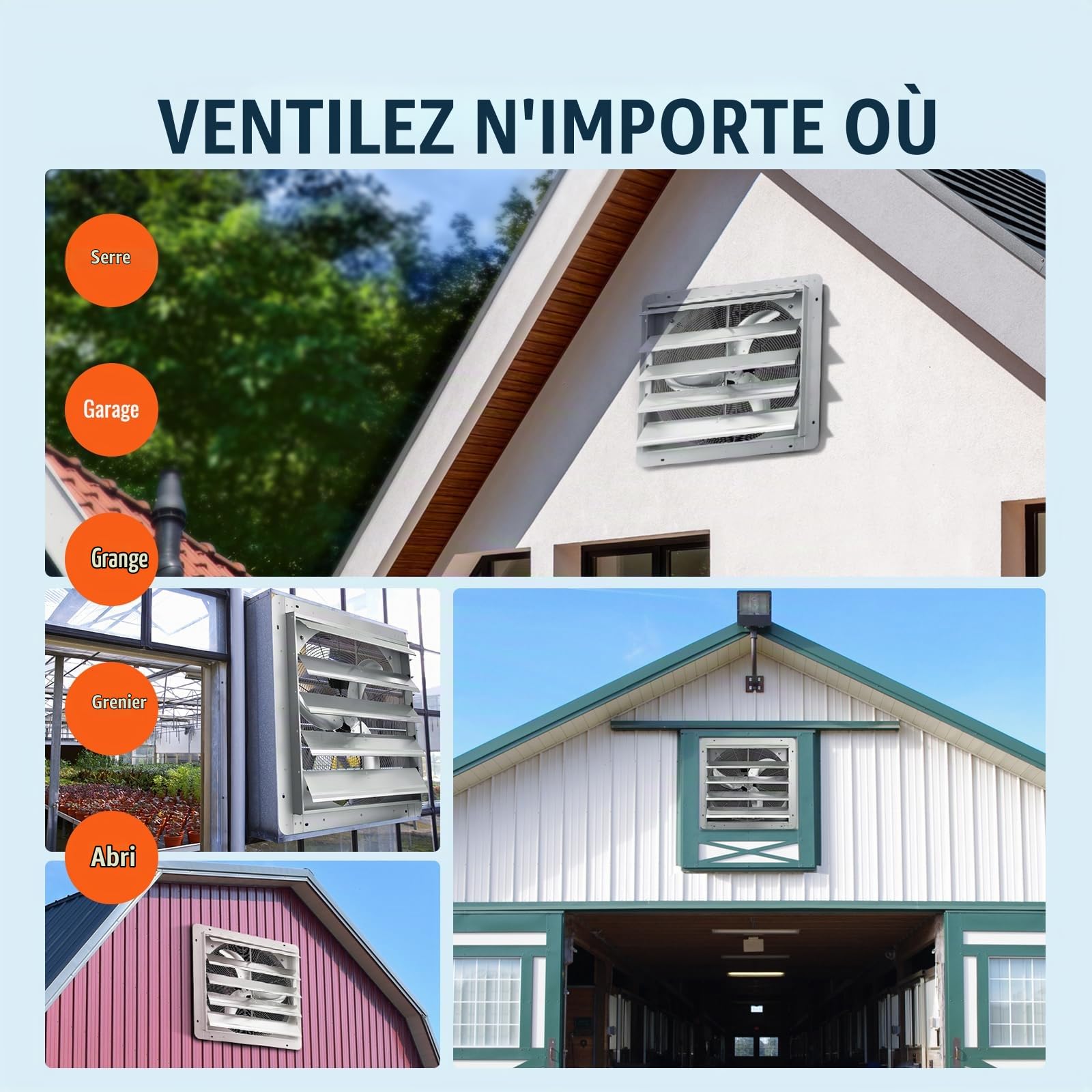 VEVOR Ventilateur d'extraction à volets, 61,5 cm, extracteur d'air de grenier mural en aluminium, 4800 m³/h, 1400 tr/min, avec moteur AC, ventilation et refroidissement pour garage, hangar, magasin