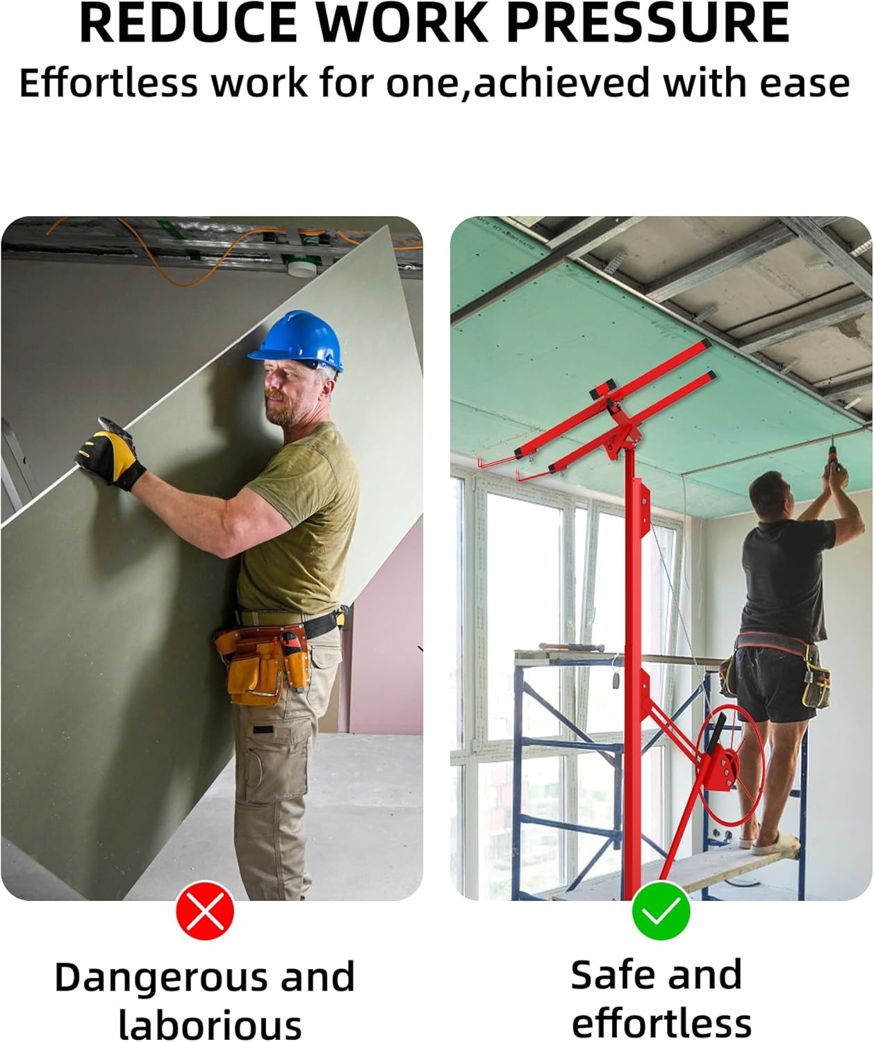 16FT 150 LBS Heavy Duty Drywall Lift – Sheetrock Panel Hoist with 360° Adjustable Telescopic Arm – 3 Lockable Wheels – Collapsible Design for Ceiling Installation, Home Improvement – Red