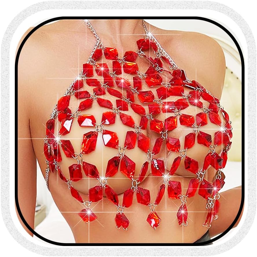 BODIY Crystal Body Chain Top Rhinestones Halter Crop Tops Silver Chest Chain Bra Body for Women