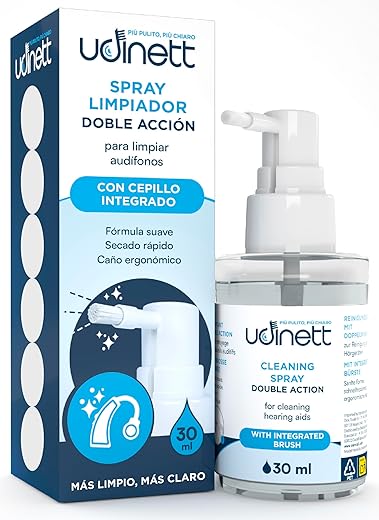 Udinett Hearing Aid Cleaner Spray 30ml for Bluetooth Headphones and Helmets - Alcohol Free Fast Disinfectant - Spray Cleaner with Brush Against Dirt and Cerumen