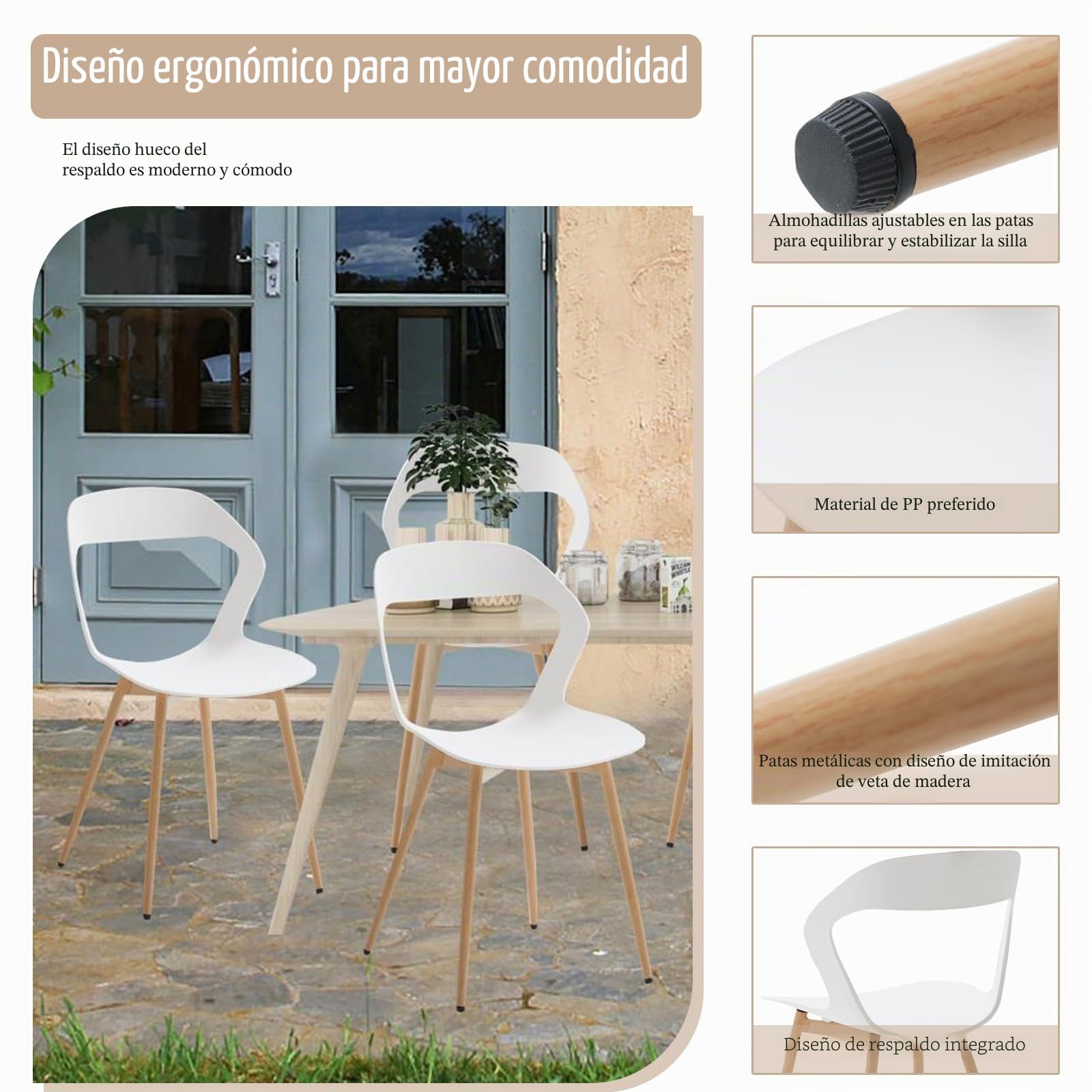 Juego de 4 sillas de jardín Exterior, Silla de Polipropileno, Asiento de Polipropileno, Patas de Hierro metálico, Adecuado para jardín, Invernadero, Terraza, Balcón (Blanco, 4)