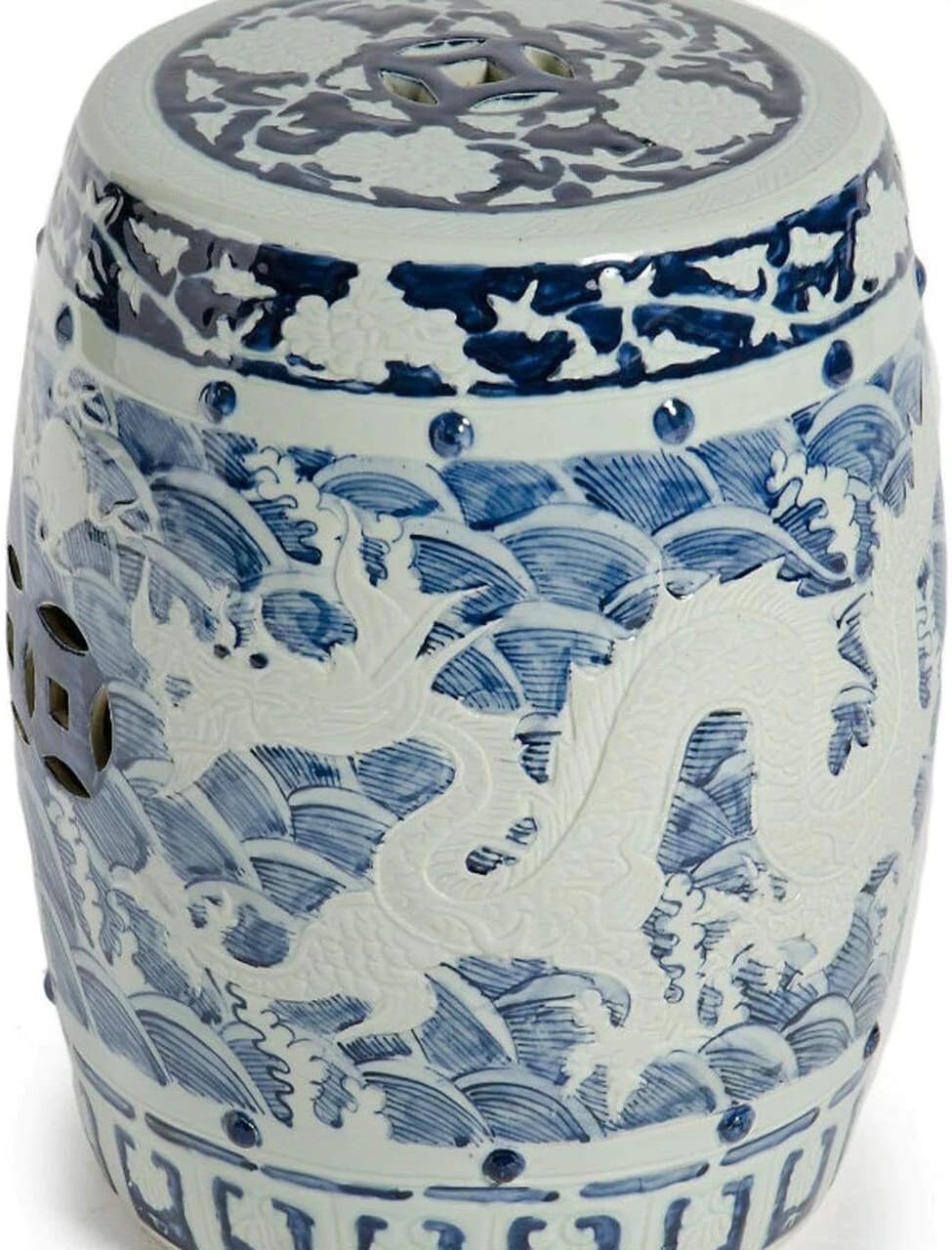 Asian Traditional Carved Blue and White Dragon Ceramic Garden Stool