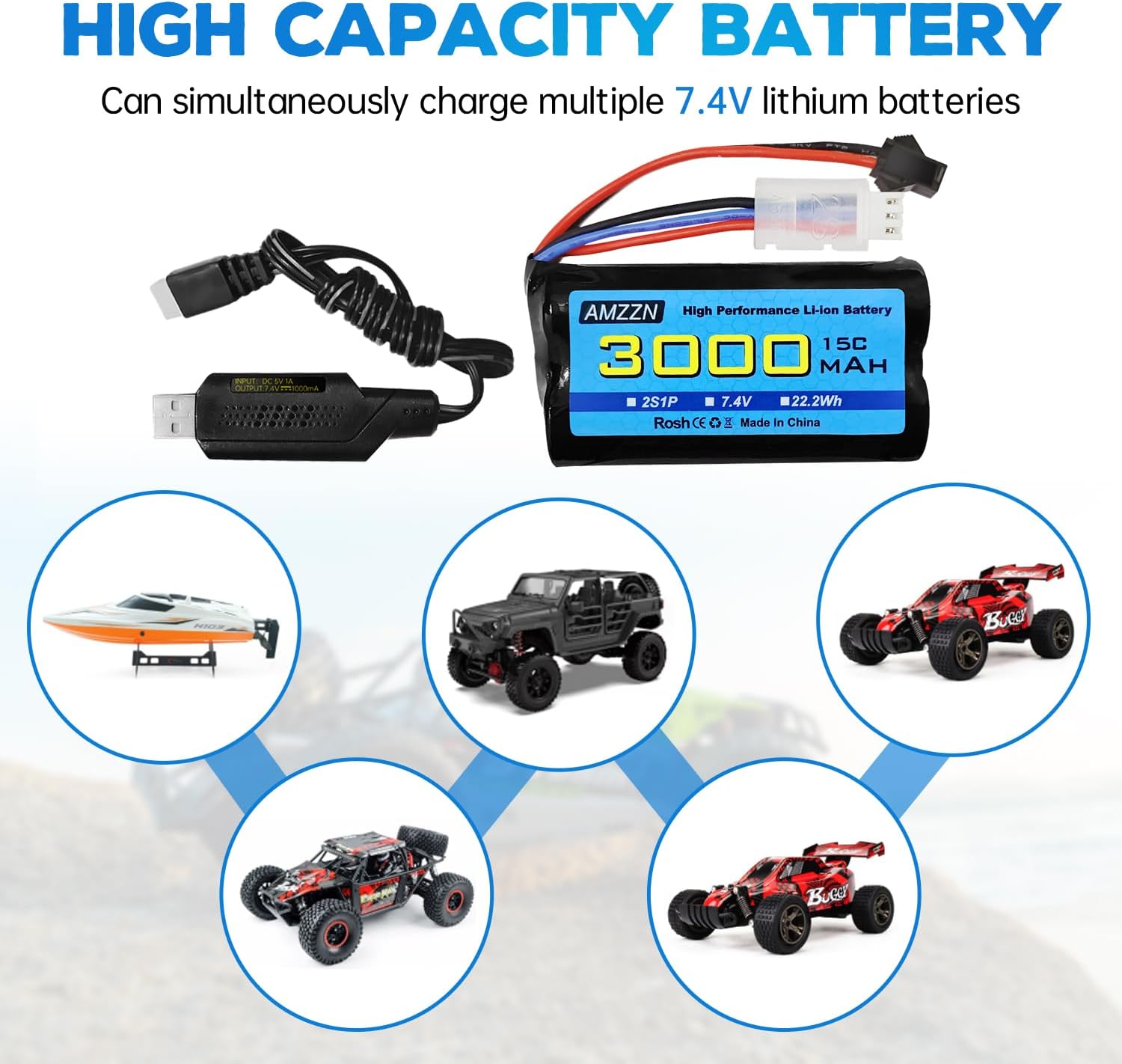 7.4V 3000mAh 15C 2S SM-2P Plug Li-ion Battery with USB Charging Cable for RC Ship, Car, Truck, Boat, Drone