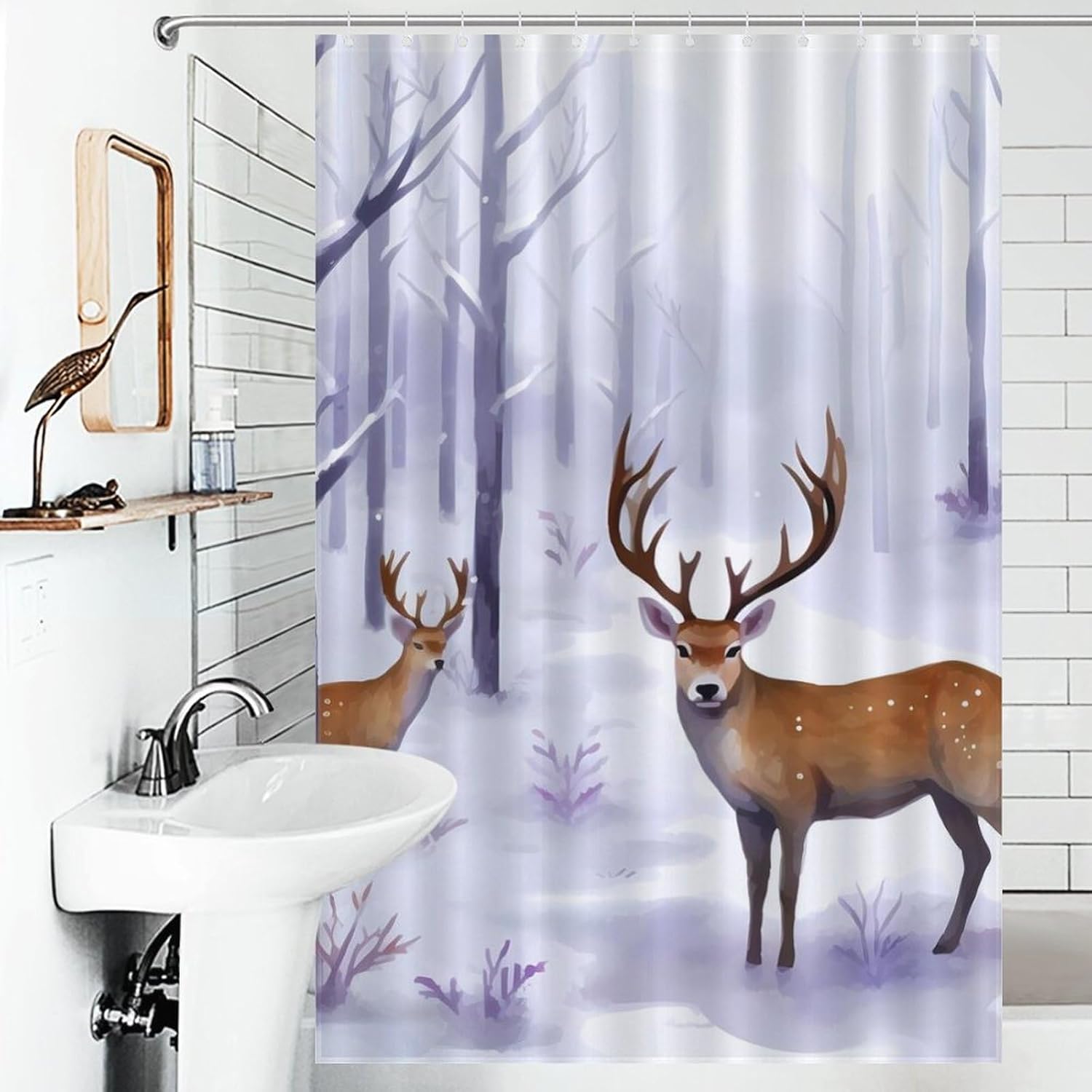Deers Winter Forests Funny Shower Curtains Washable Bath Curtain Liner with Hooks for Bathroom Bath Tubs