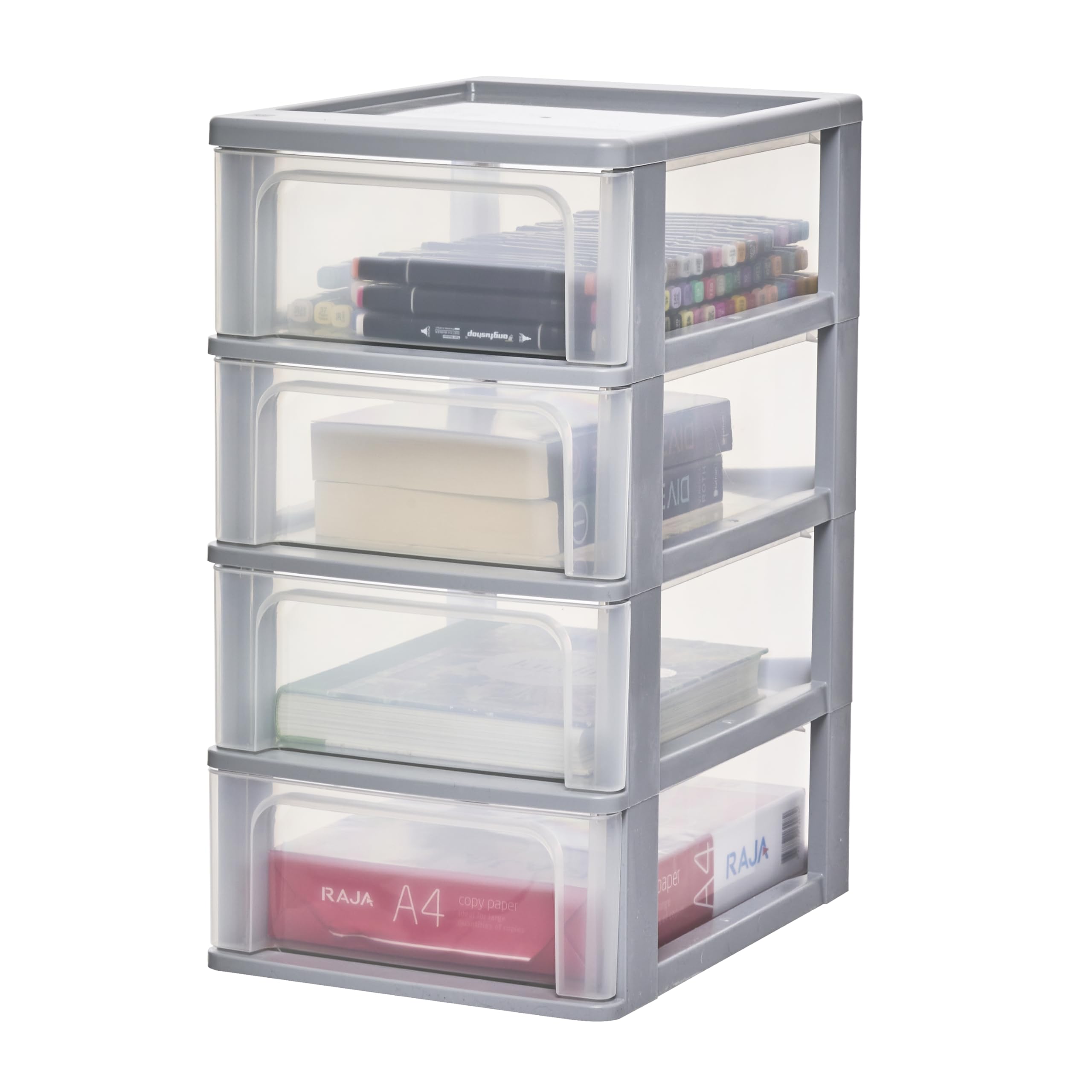 Iris Ohyama Cassettiera in Plastica, Portaoggetti, 4 Cassetti Medi, Grigio, Apertura Facile, Formato A4, A5 e A6, Organizzatore, Per Ufficio, Scuola, Cartoleria, Senza BPA, Contenitore, OCH-2004