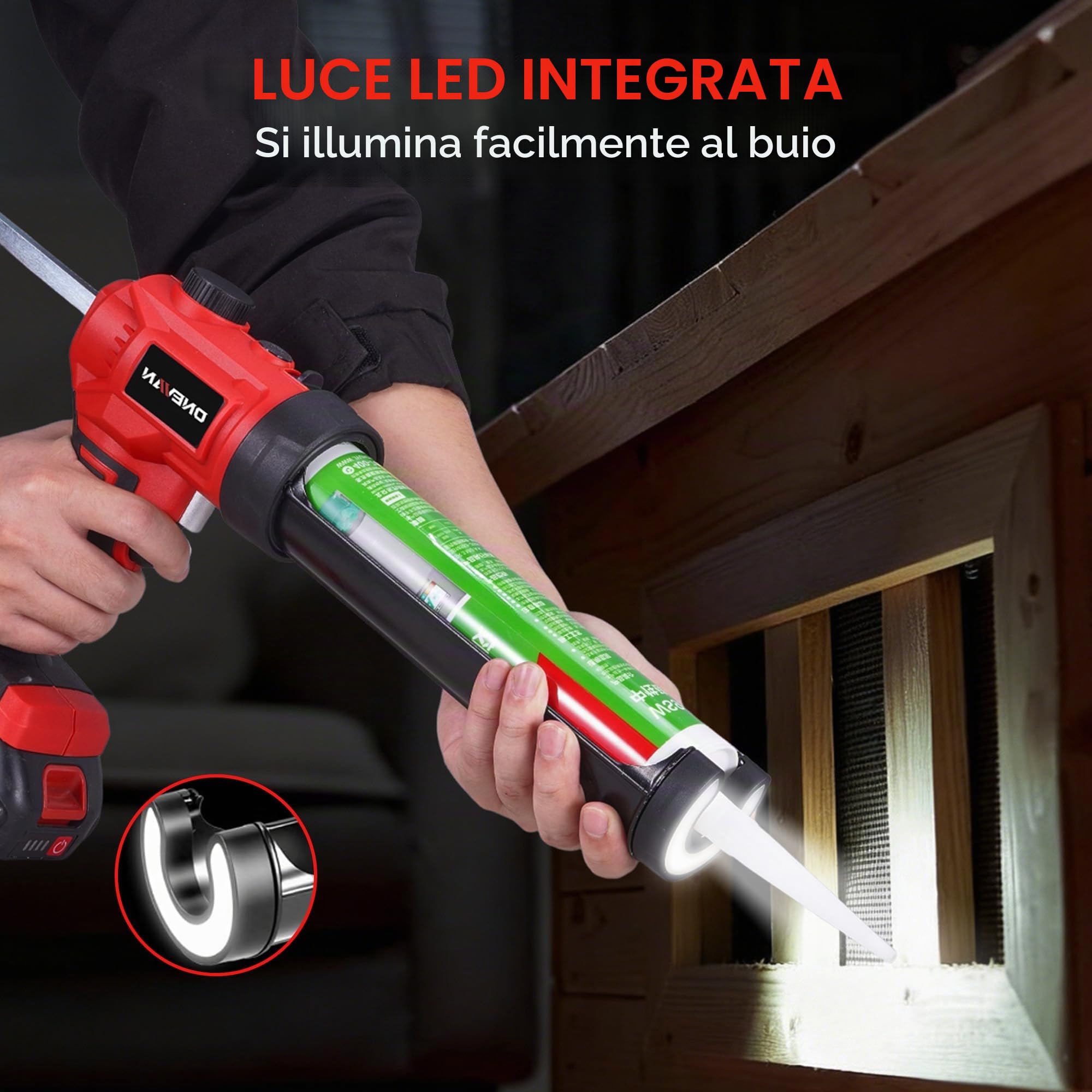 ONEVAN Pistola Elettrica per Cartucce 300ml Brushless 2x1,5Ah | 300ml Capacità, 300kg Spinta, Velocità variabile, Caricabatterie rapido, Luce LED, Per finestre e giunti